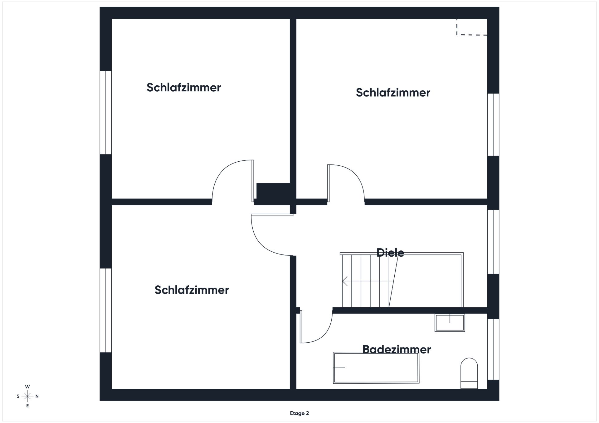 Grundriss mit drei Schlafzimmern, einem Badezimmer und einer Diele mit Treppe.