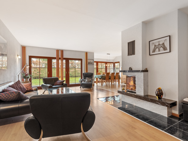 Modernes Wohnzimmer mit Kamin, großen Fenstern, Sitzgruppe und Essbereich mit Holzboden.