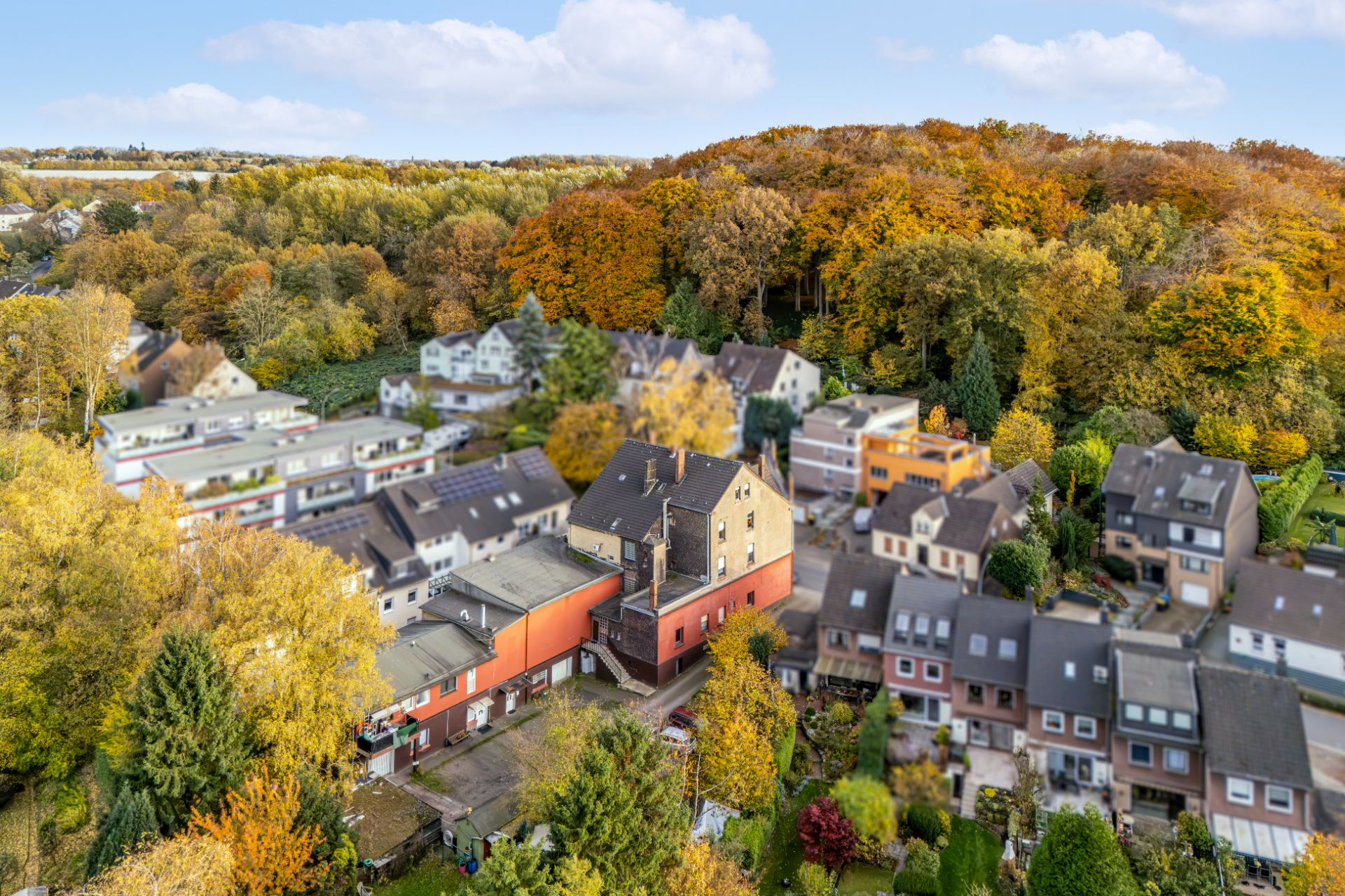 Luftaufnahme von Wohnhäusern am Waldrand im Herbst mit buntem Laub.
