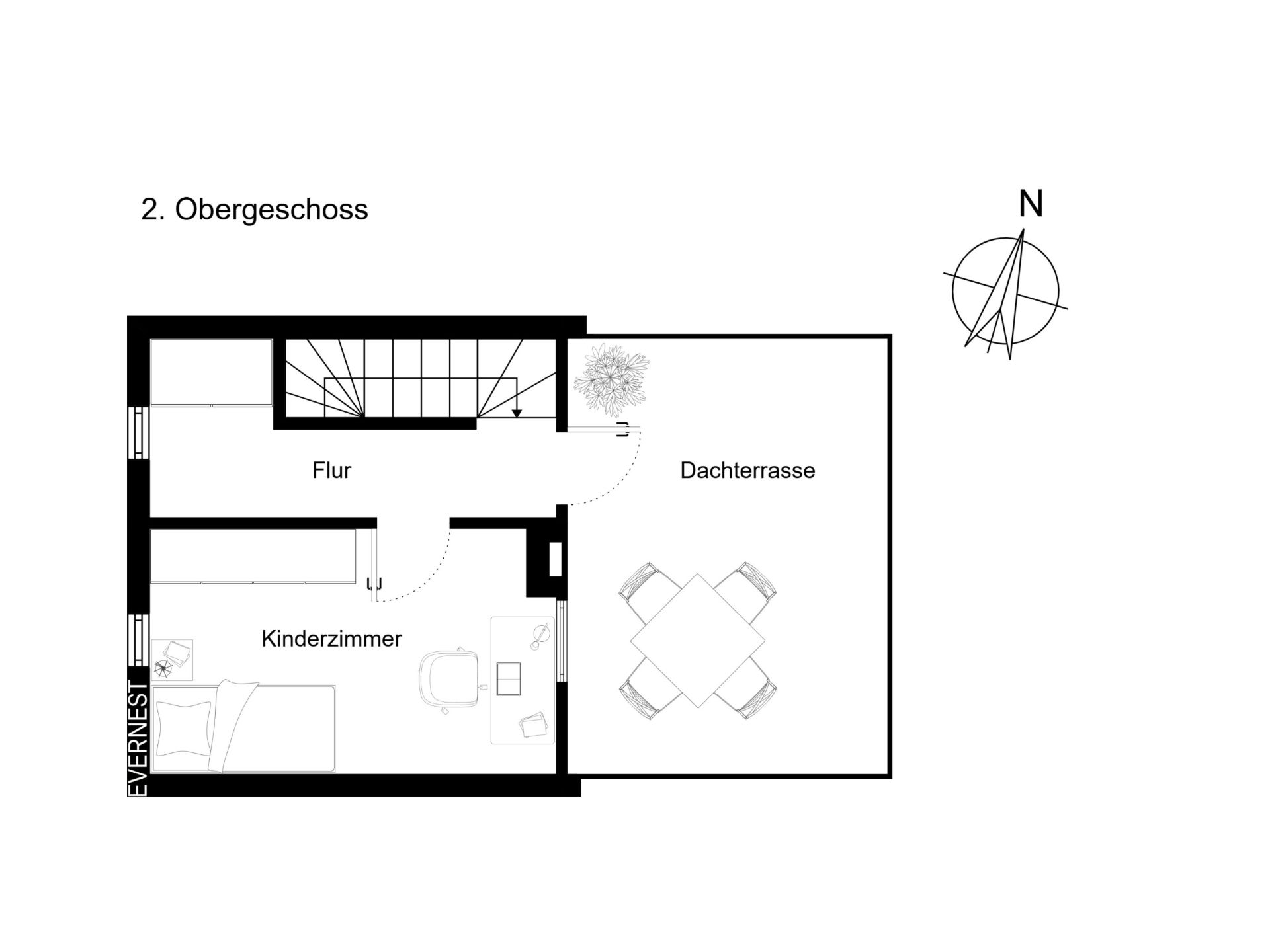 Grundriss des 2. Obergeschosses mit Kinderzimmer, Flur und Dachterrasse.