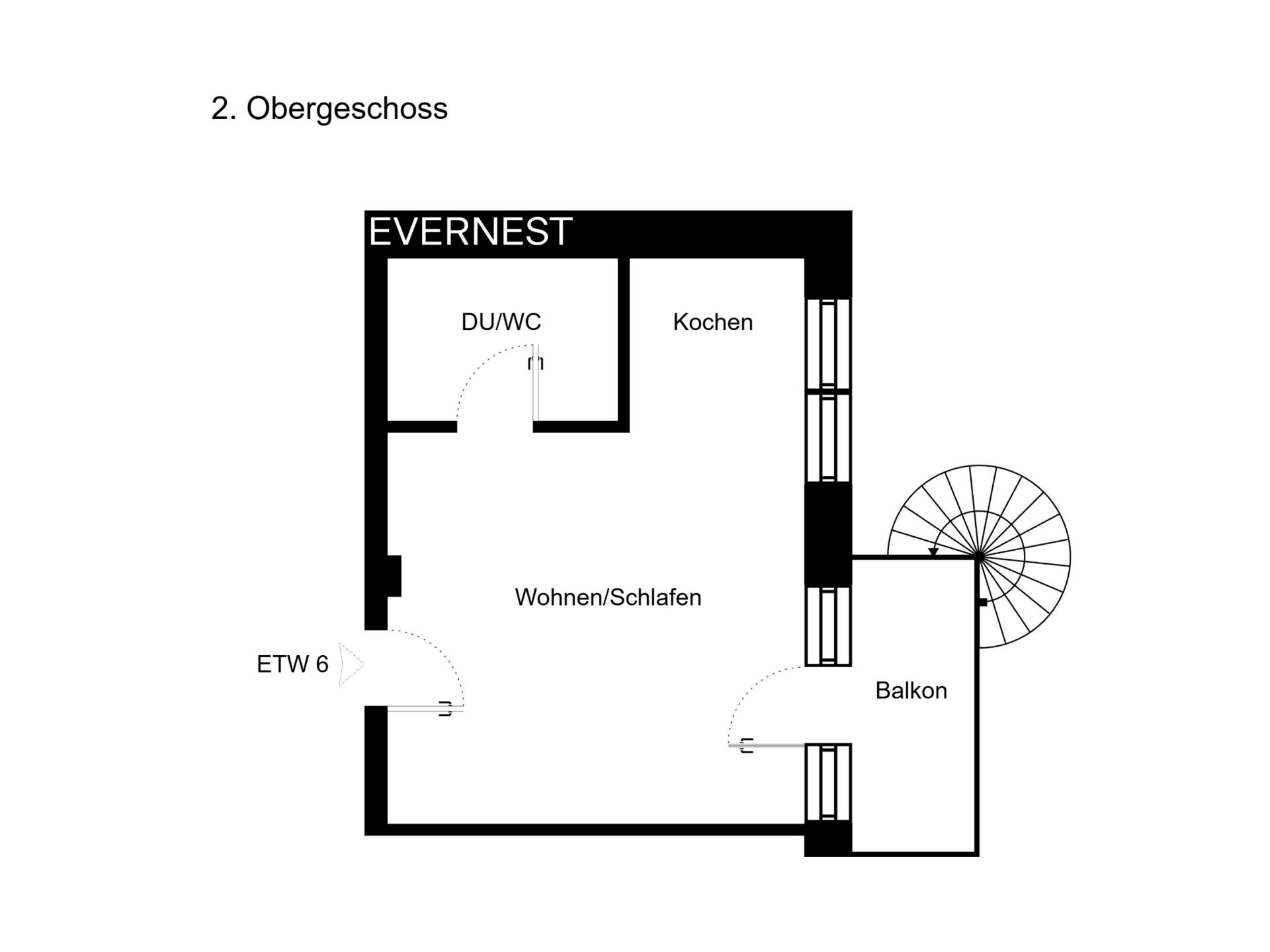 Grundriss einer Wohnung mit Wohn-/Schlafbereich, Küche, Bad und Balkon.