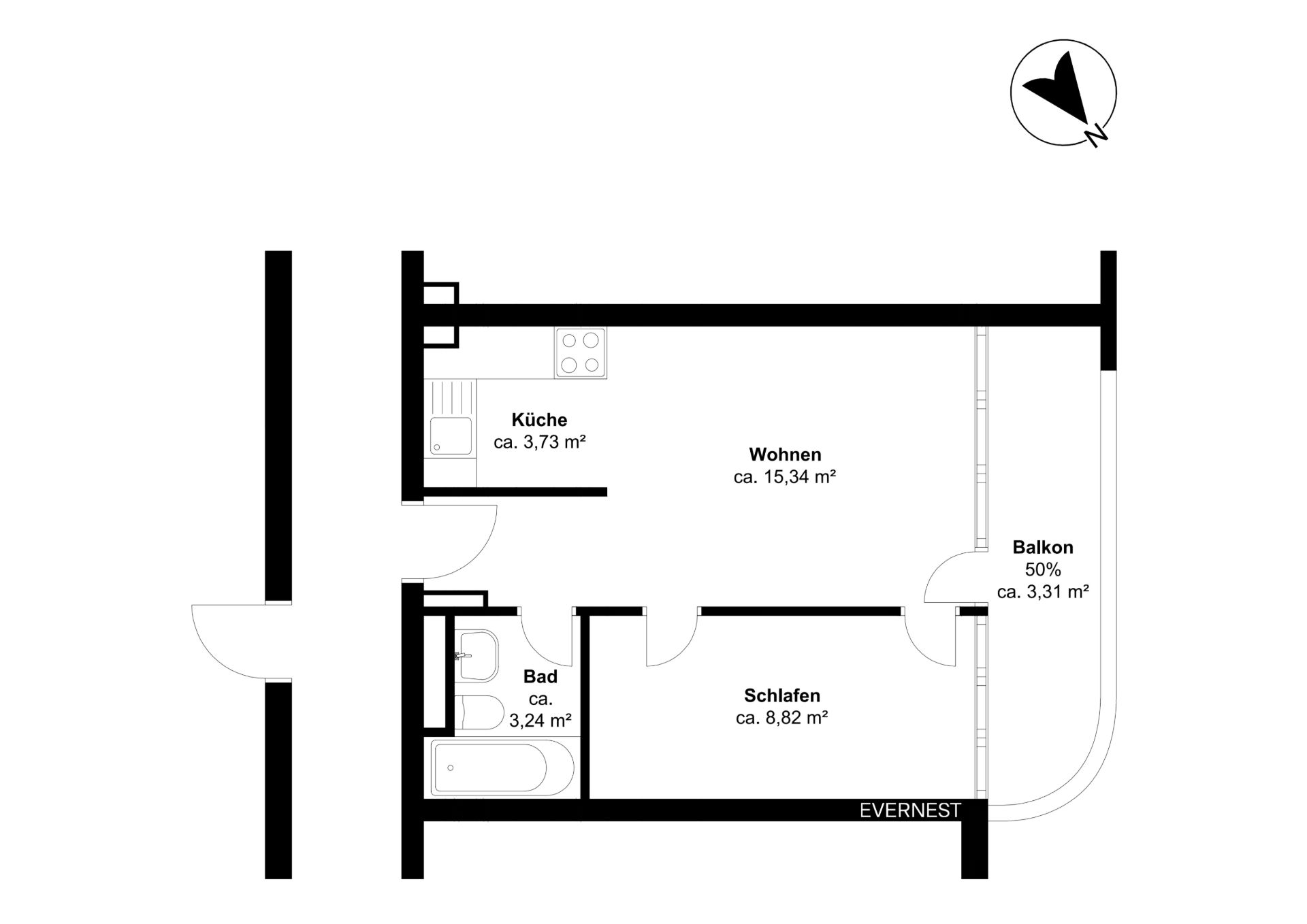 Grundriss einer Wohnung mit Küche, Bad, Schlafzimmer, Wohnzimmer und Balkon.