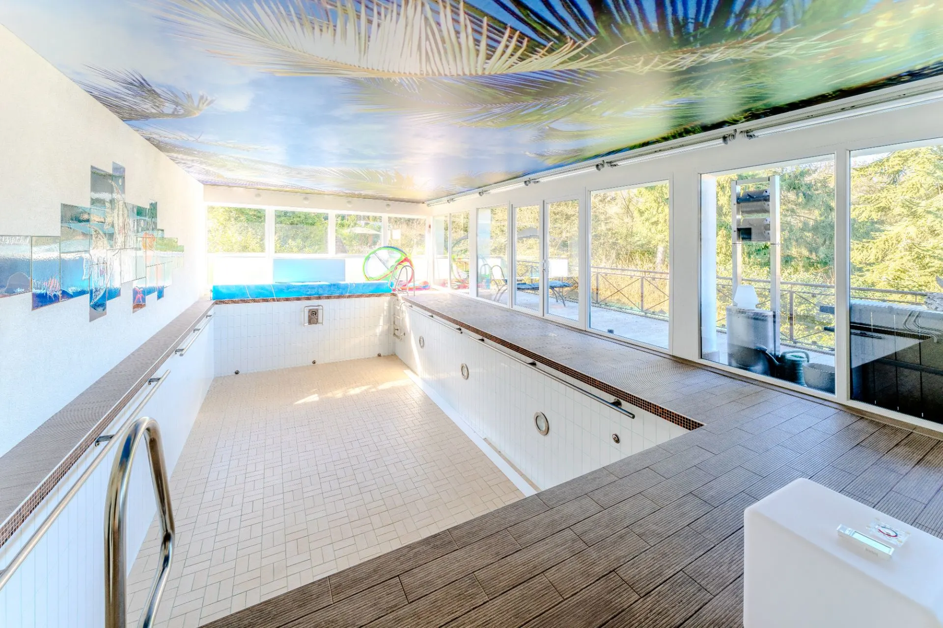 Leerer Innenpool mit großen Fenstern und bemalter Decke, Poolspielzeug am Fenster.