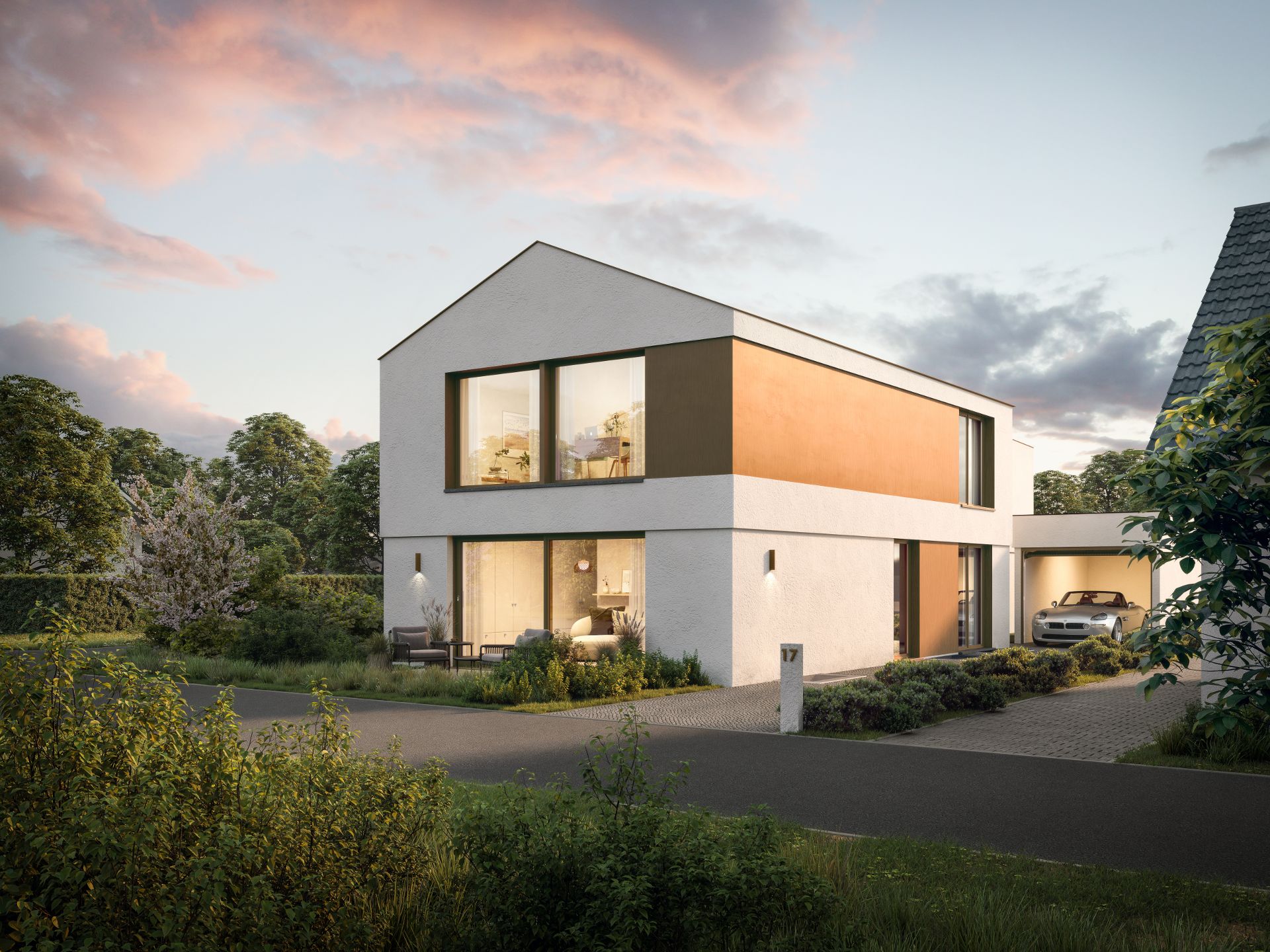 Modernes, zweistöckiges Wohnhaus mit großen Fenstern und Garage, umgeben von Garten.