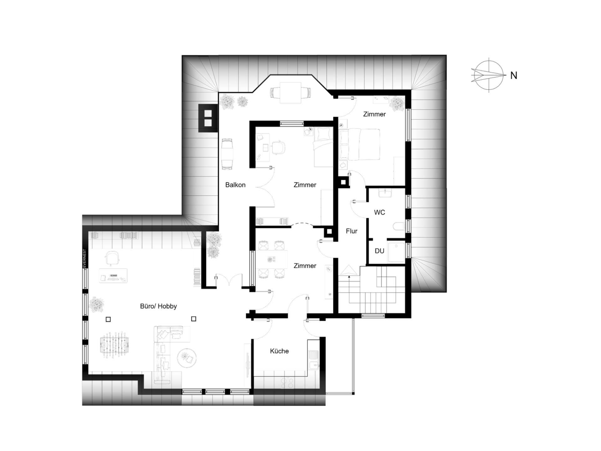 Grundriss einer Wohnung mit drei Zimmern, Küche, Büro, Balkon, WC und Dusche.