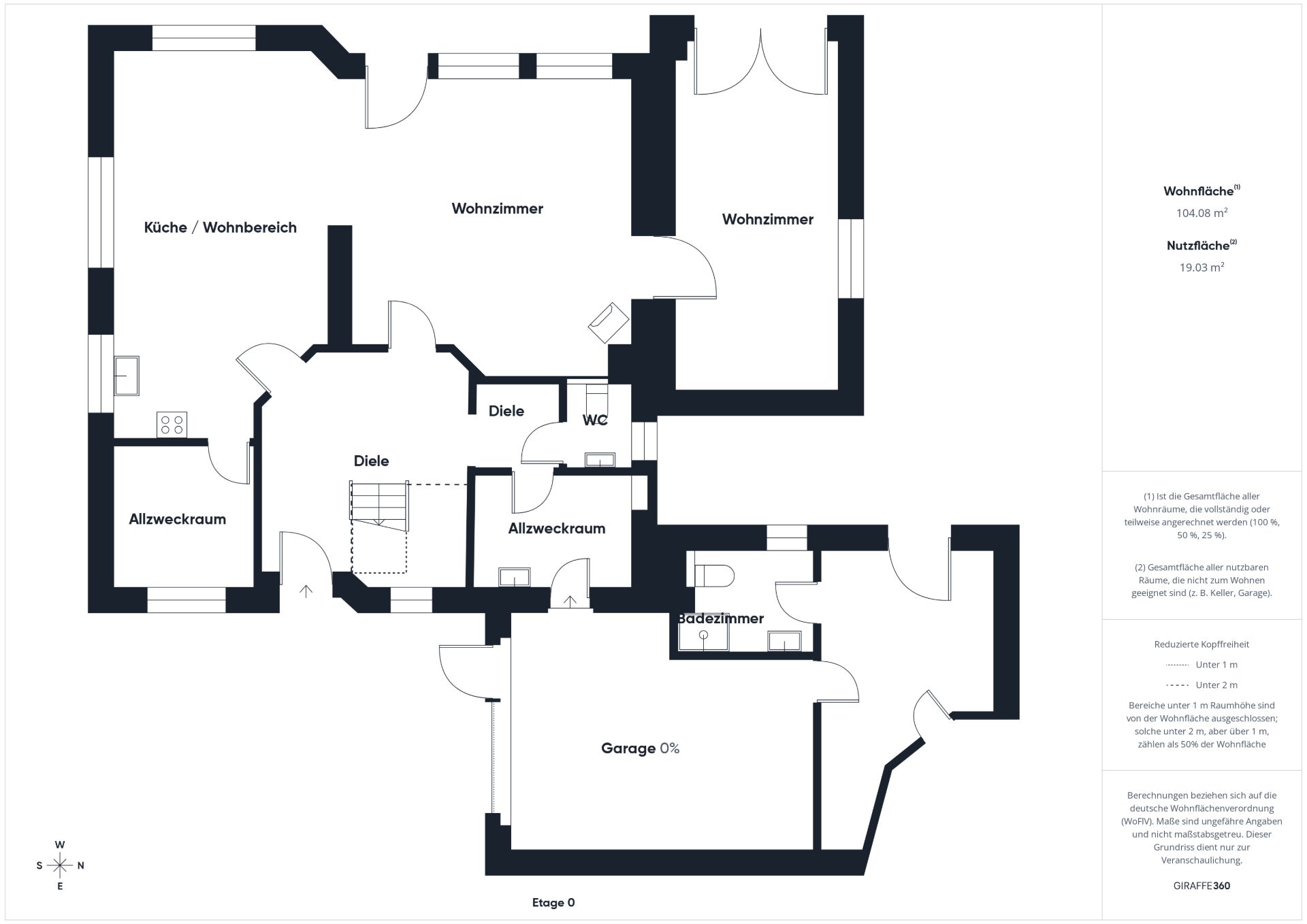 Grundriss eines Hauses mit Wohnzimmer, Küche, WC, Badezimmer, Abstellräumen und Garage.