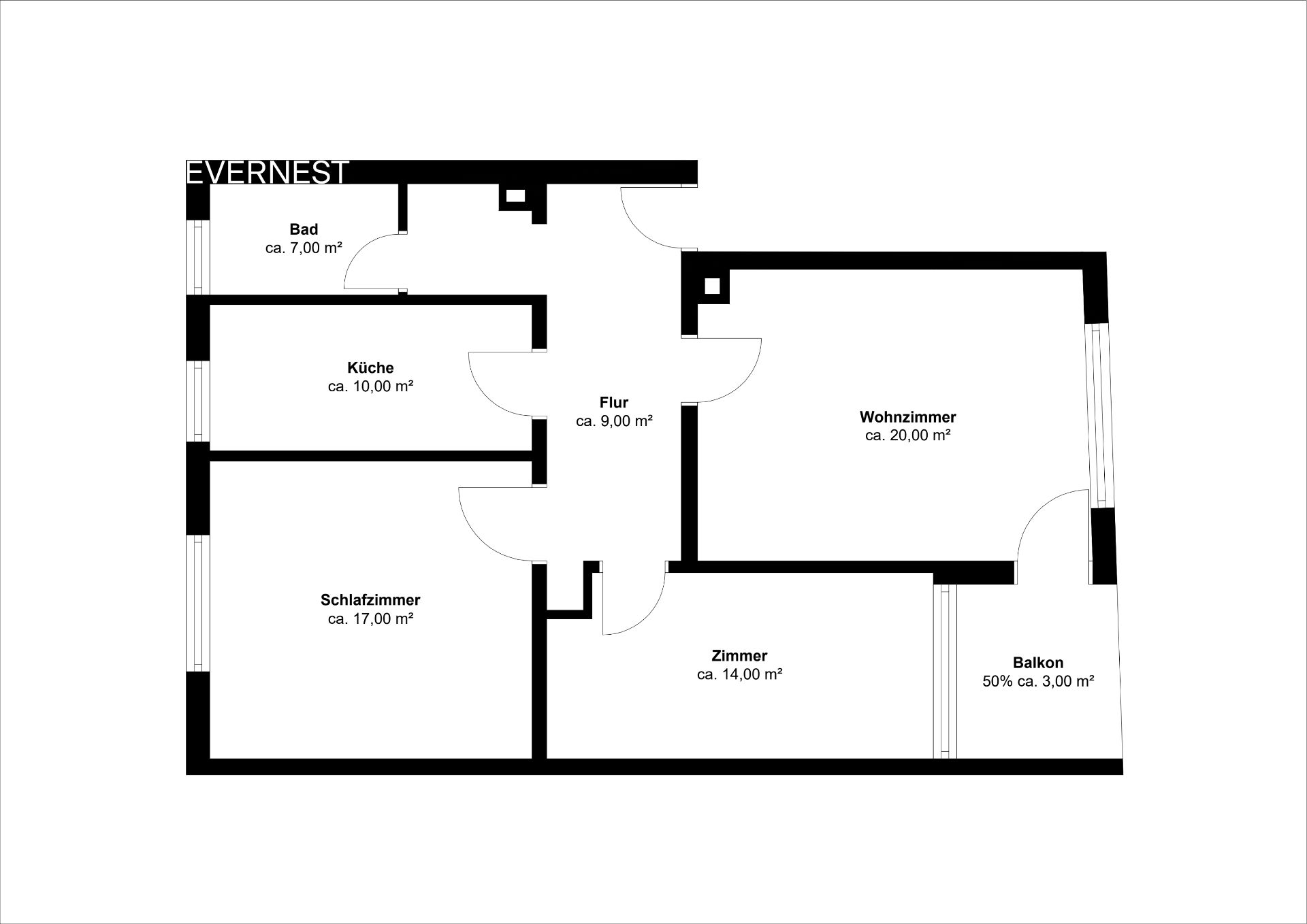 Grundriss einer Wohnung mit Bad, Küche, Schlafzimmer, Flur, Wohnzimmer, Zimmer und Balkon.