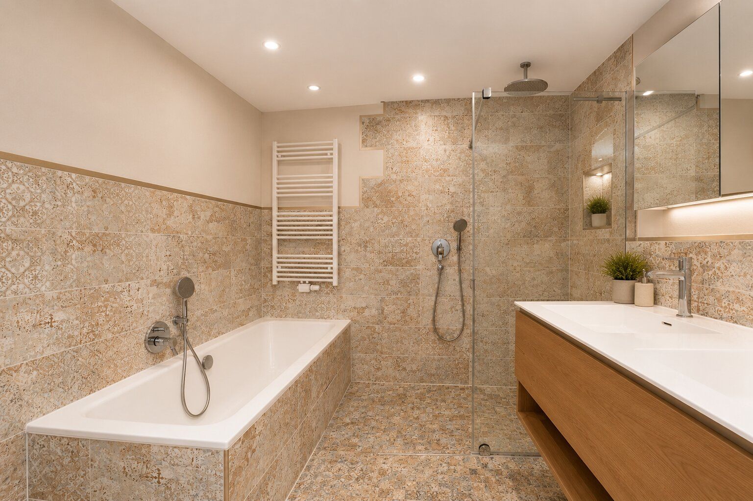 Modernes Badezimmer mit Badewanne, Dusche, Doppelwaschbecken und Handtuchheizkörper.