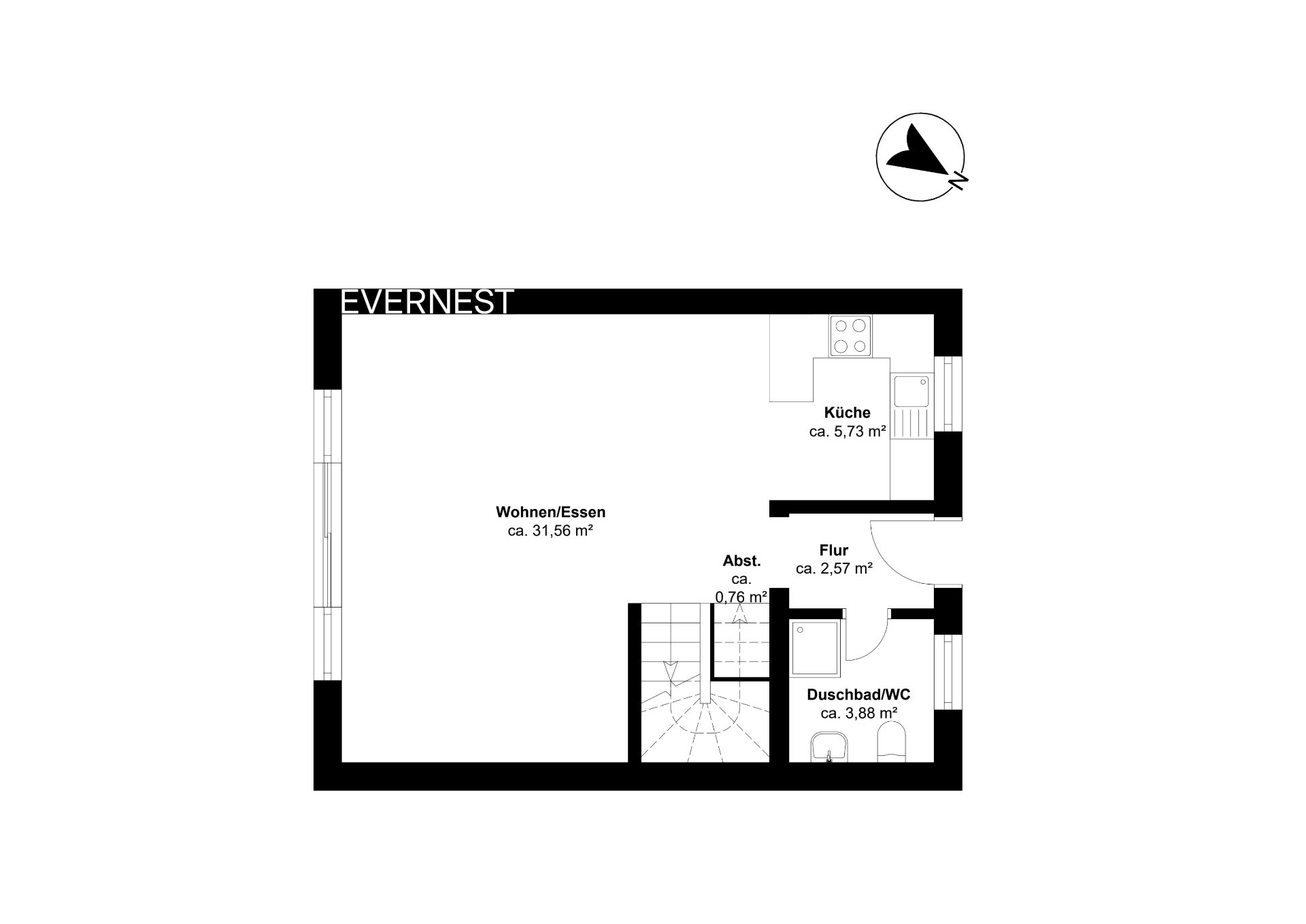 Grundriss einer Wohnung mit Wohnen/Essen, Küche, Flur, Duschbad/WC und Abstellraum.