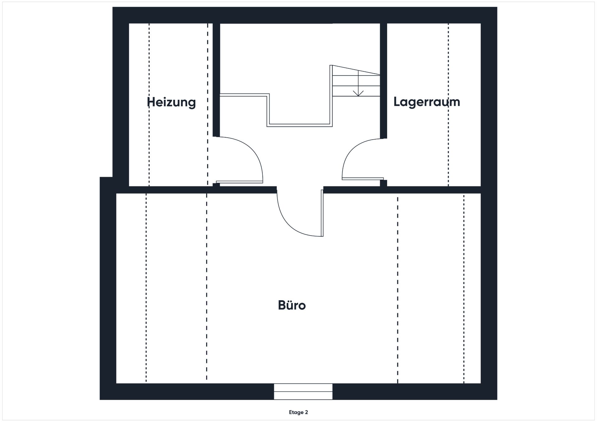 Grundriss mit drei Räumen: Büro, Heizungsraum und Lagerraum.
