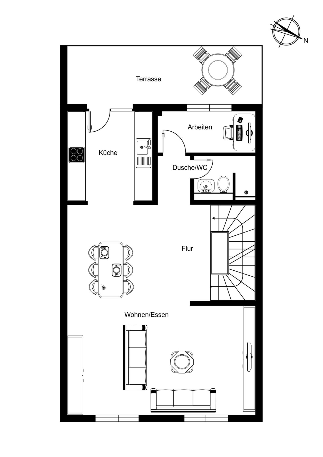 Grundriss mit Wohnzimmer, Küche, Essbereich, Arbeitszimmer, Dusche/WC und Terrasse.