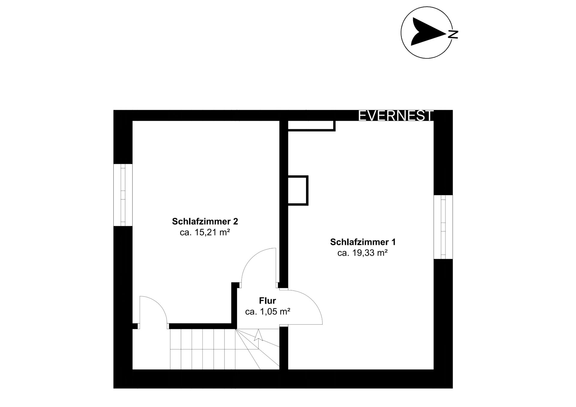 Grundriss mit zwei Schlafzimmern und einem kleinen Flur.
