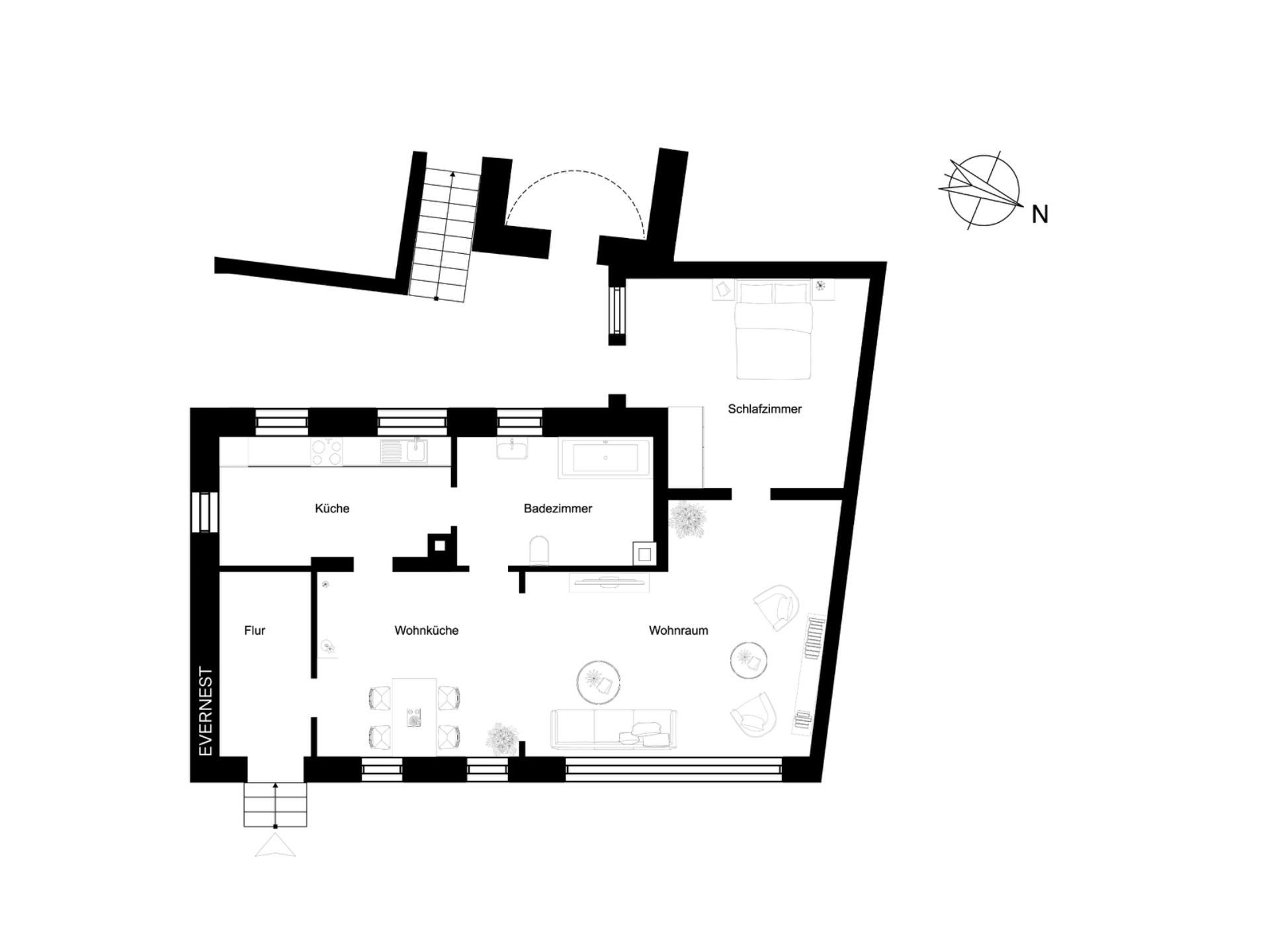 Grundriss einer Wohnung mit Schlafzimmer, Bad, Wohnraum, Wohnküche und Flur.