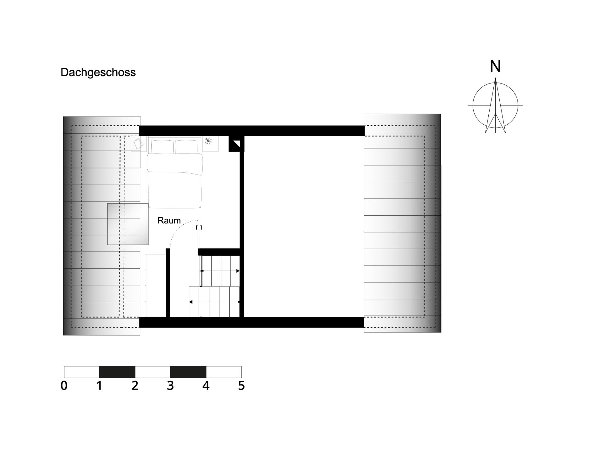 Grundriss eines Dachgeschosses mit Schlafbereich, Treppe und Möbeln.