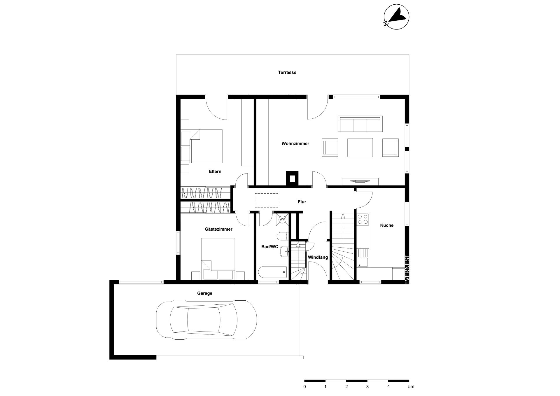 Grundriss eines Hauses mit Wohnzimmer, Schlafzimmer, Gästezimmer, Küche, Bad und Garage.
