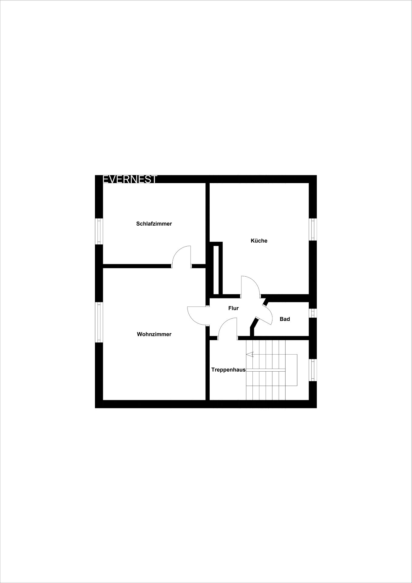 Grundriss einer Wohnung mit Schlafzimmer, Wohnzimmer, Küche, Bad, Flur und Treppenhaus.