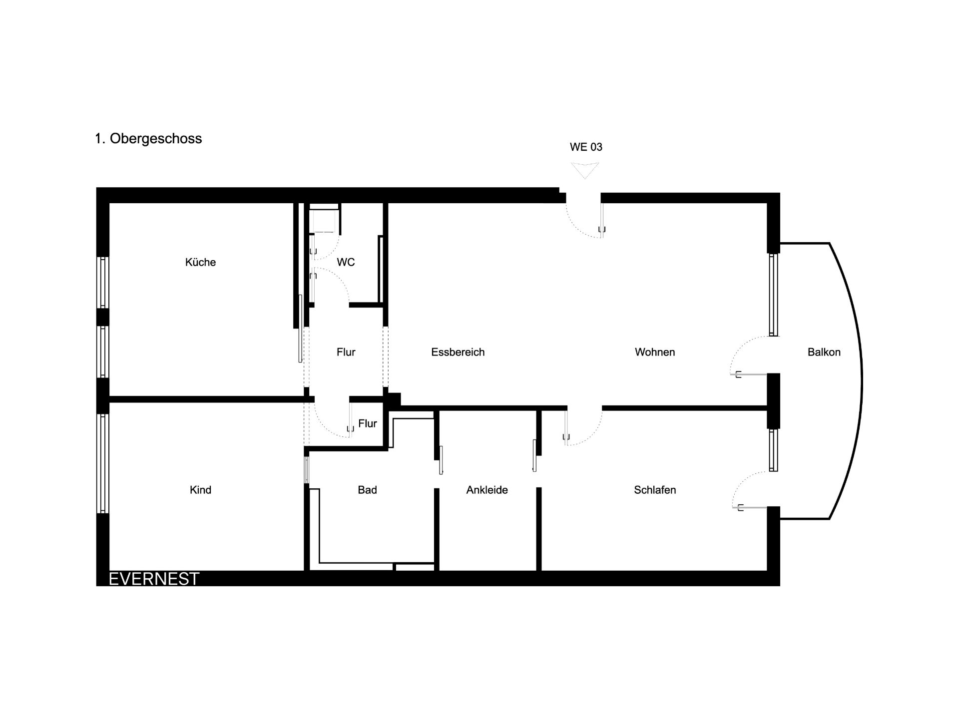 Grundriss einer Wohnung mit Küche, Bad, WC, Wohn- und Essbereich, Schlafzimmer, Kinderzimmer und Balkon.
