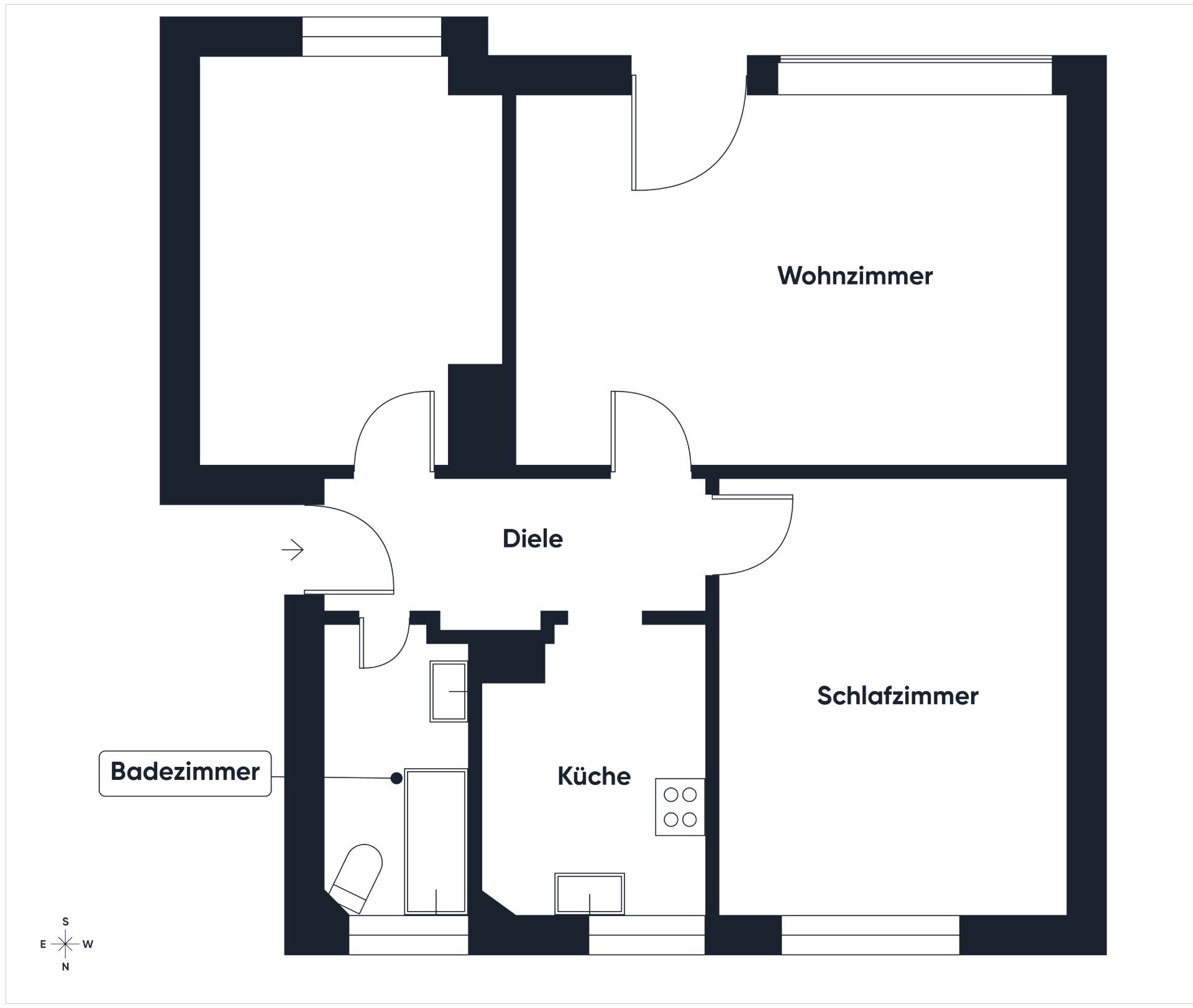 Grundriss einer Wohnung mit Wohnzimmer, Schlafzimmer, Küche, Diele und Badezimmer.