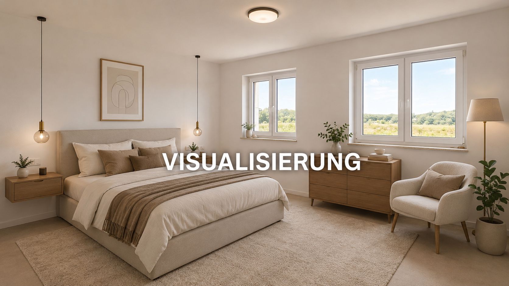 Modernes Schlafzimmer mit Doppelbett, Nachttischen, Kommode, Sessel und Fenstern mit Blick ins Grüne.