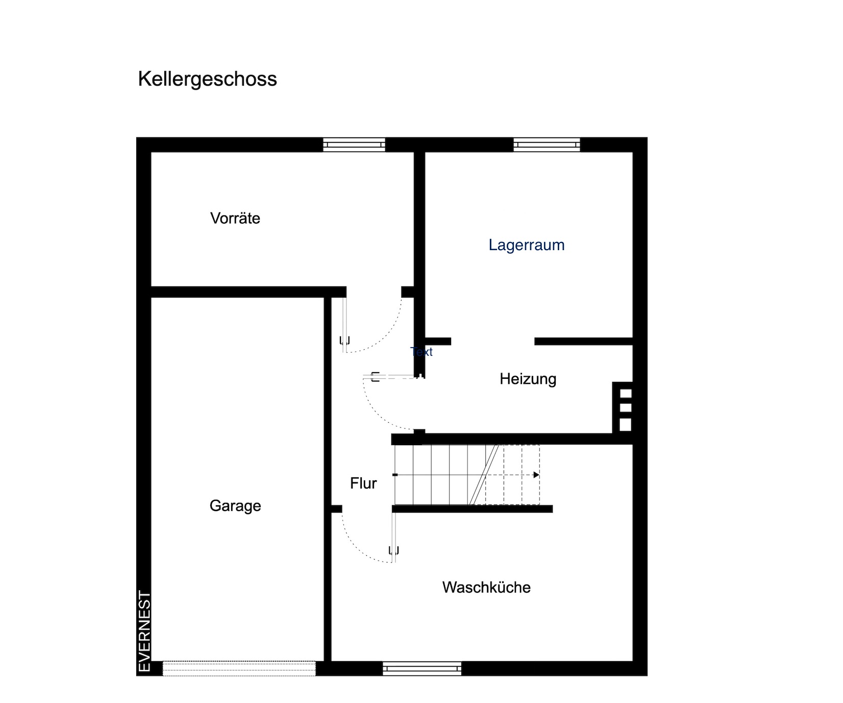Grundriss des Kellergeschosses mit Garage, Vorräten, Lagerraum, Heizung, Waschküche und Flur.