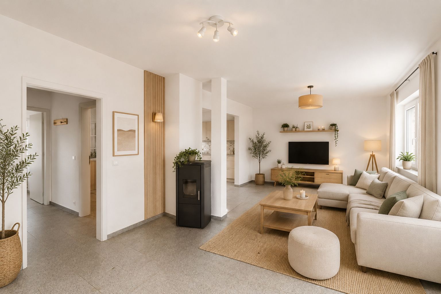 Helles Wohnzimmer mit Sofa, Couchtisch, Fernseher, Pflanzen und großen Fenstern.