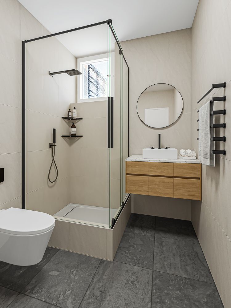 Modernes Bad mit Dusche, Wand-WC, Waschbecken, rundem Spiegel und Handtuchhalter.