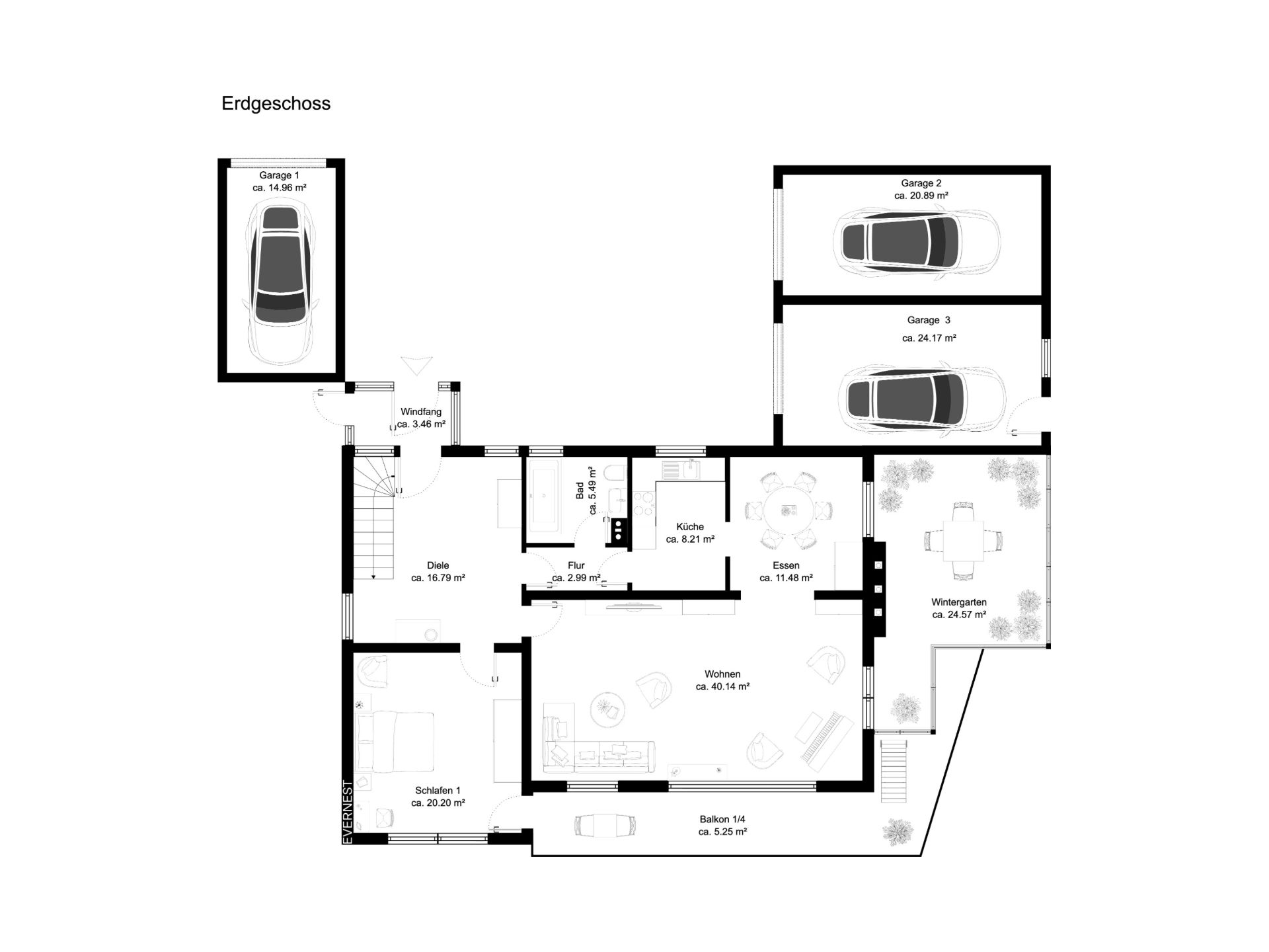 Grundriss des Erdgeschosses mit Garagen, Wohnzimmer, Küche, Wintergarten und Balkon.