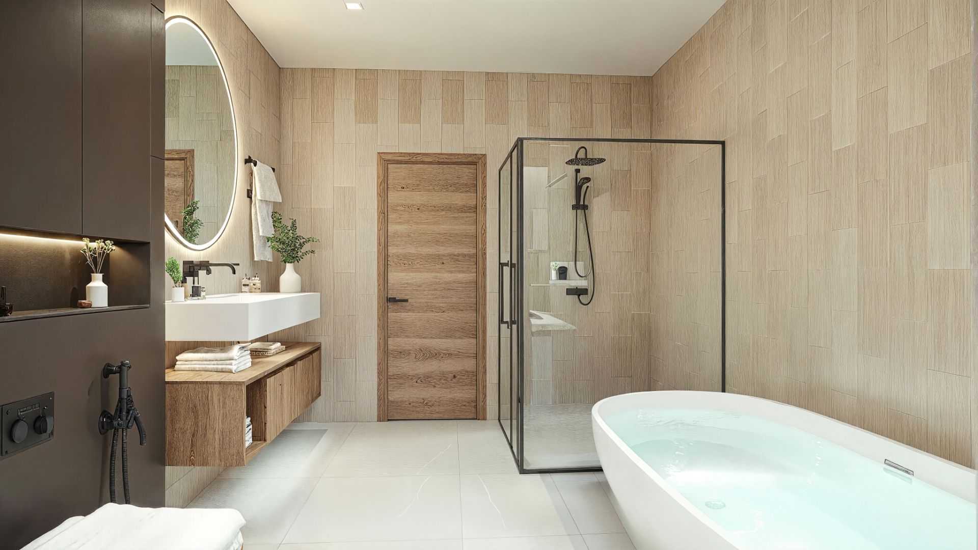 Modernes Badezimmer mit freistehender Badewanne, großer Dusche, Waschbecken und Holzdetails.