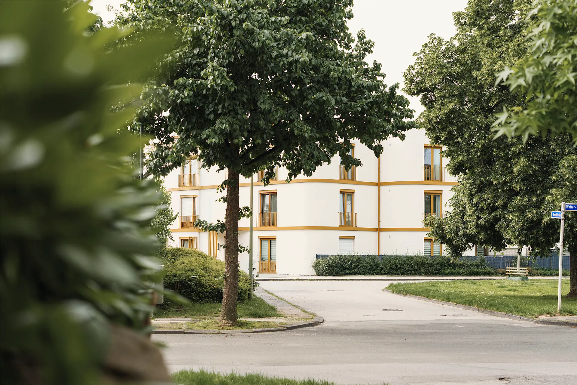 Ein modernes Wohngebäude mit gelben Fensterrahmen, umgeben von Bäumen und einer ruhigen Straße.