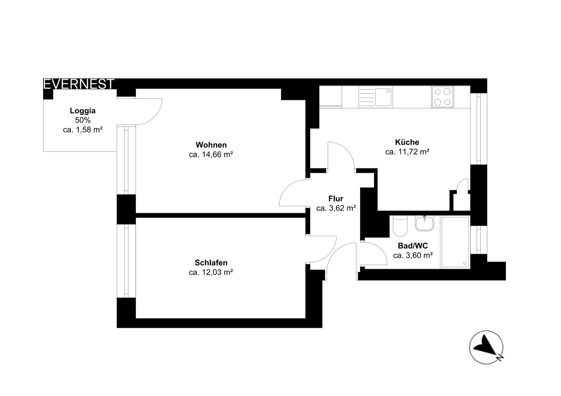 Grundriss einer Wohnung mit Wohnzimmer, Schlafzimmer, Küche, Bad/WC, Flur und Loggia.