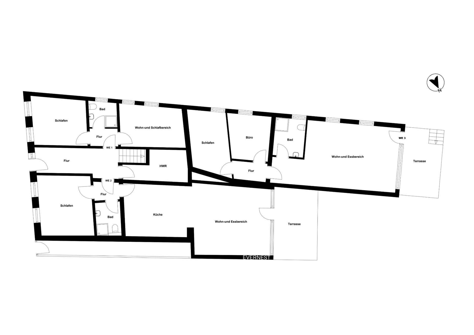 Grundriss einer Wohnung mit Schlafzimmern, Bädern, Küche, Wohnbereichen, Büro und zwei Terrassen.
