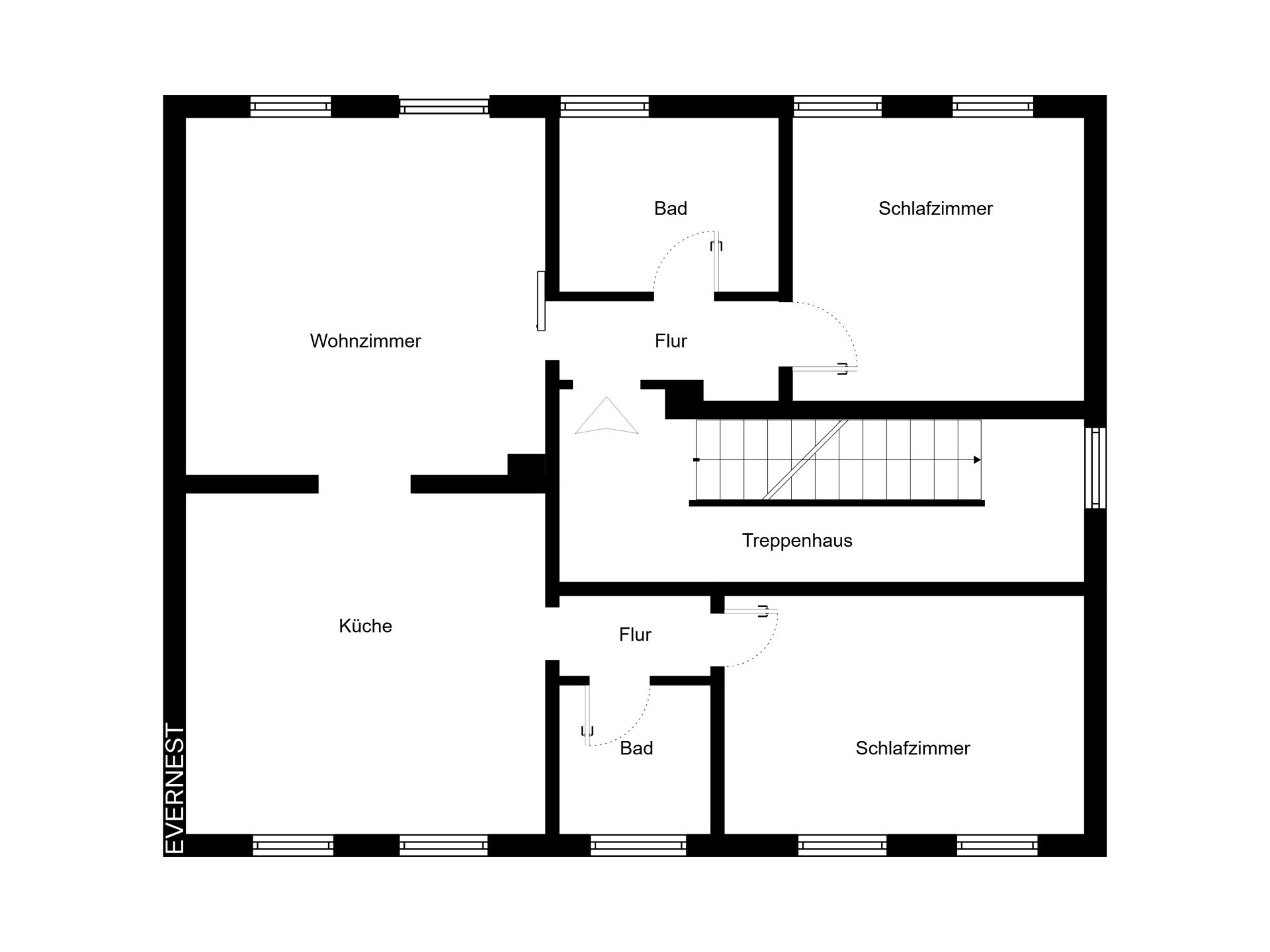 Grundriss mit Wohnzimmer, Küche, zwei Schlafzimmern, zwei Bädern, Fluren und Treppenhaus.