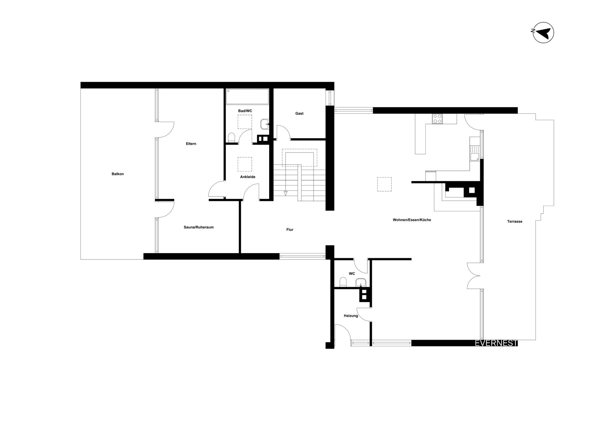 Grundriss einer Wohnung mit Balkon, Terrasse, mehreren Zimmern und Badezimmer.