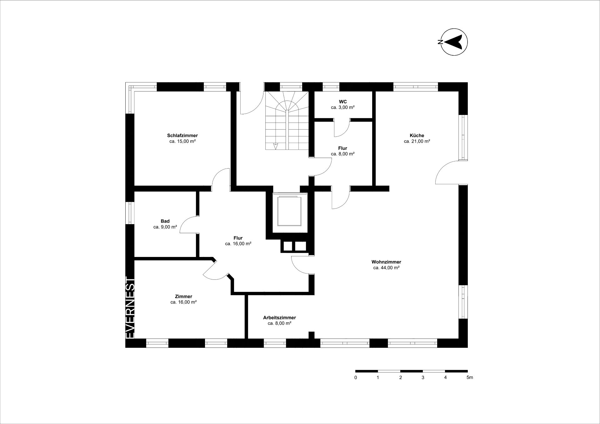 Grundriss mit Schlafzimmer, Bad, Wohnzimmer, Küche, Zimmer, Arbeitszimmer, WC und Flur.