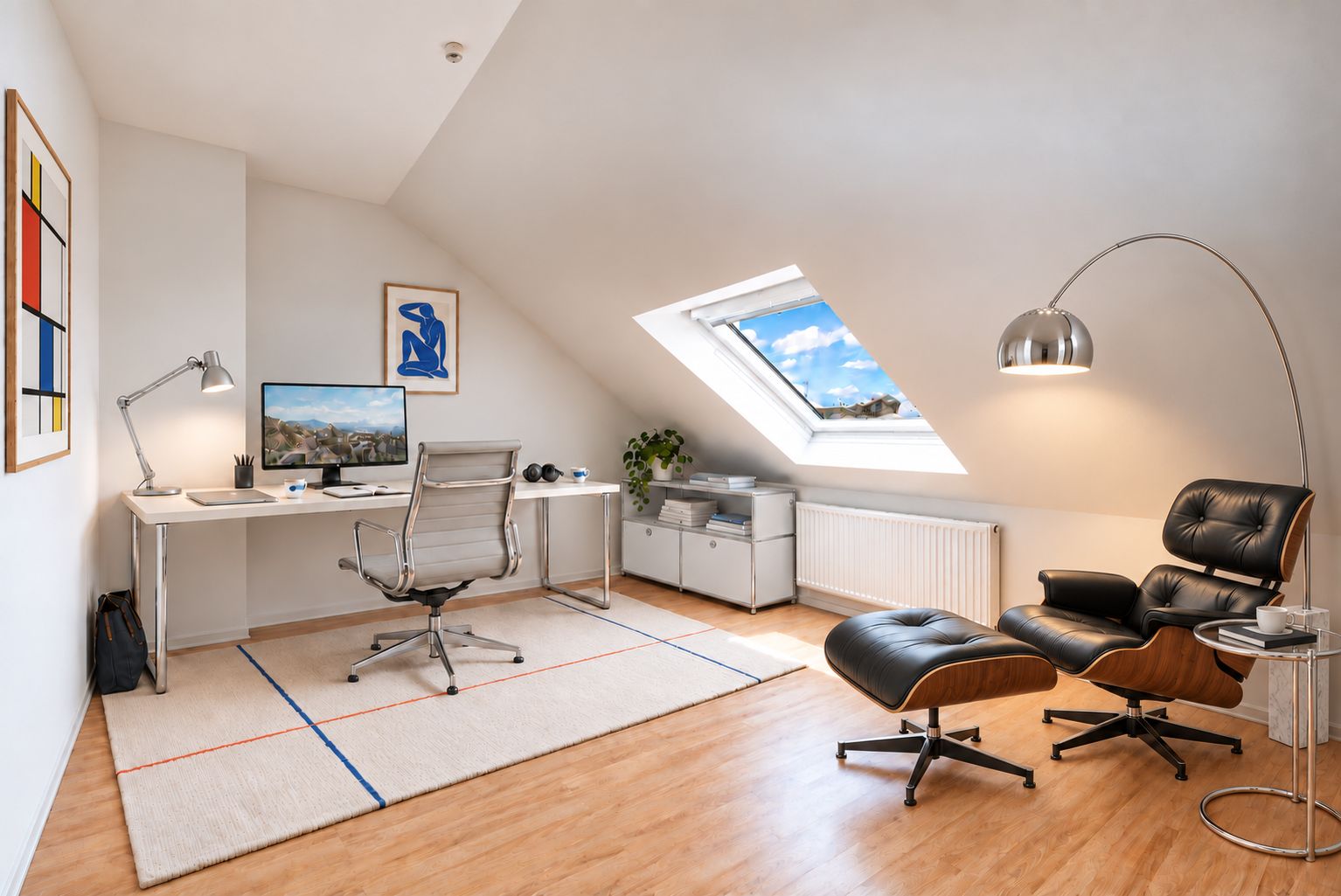 Helles Arbeitszimmer mit Schreibtisch, Computer, Sessel und Dachfenster auf Holzfußboden.