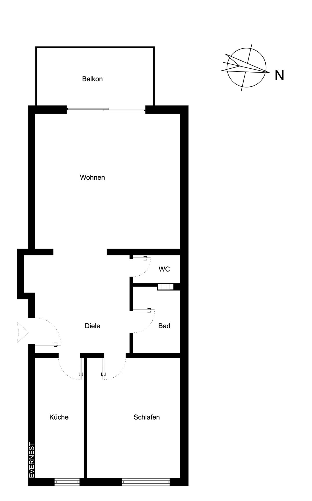 Grundriss einer Wohnung mit Balkon, Wohnzimmer, Küche, Schlafzimmer, Bad und WC.