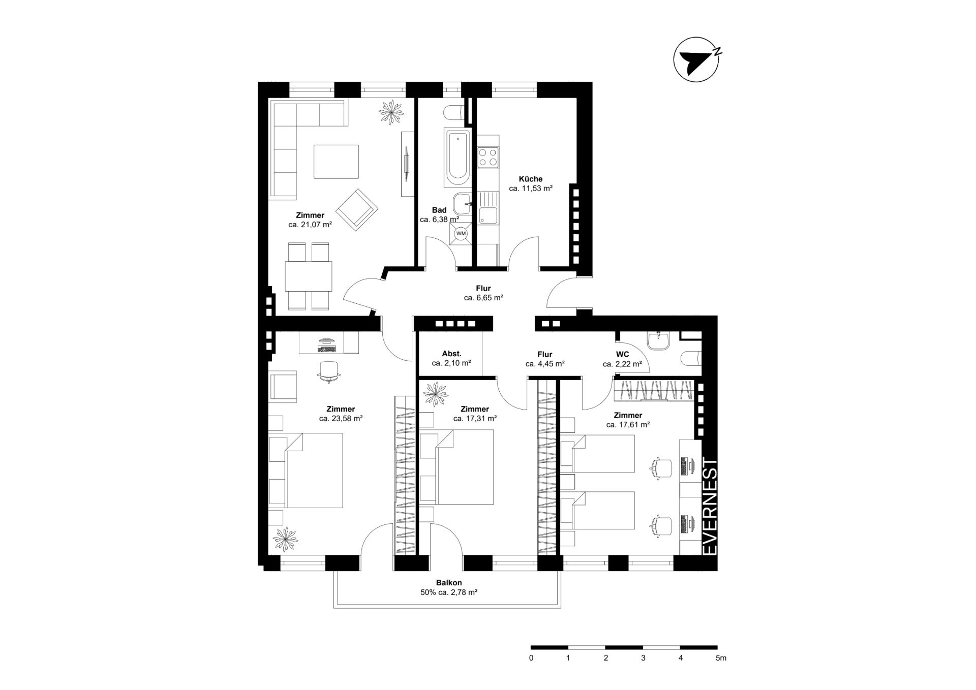 Grundriss einer Wohnung mit mehreren Zimmern, Küche, Bad, WC und Balkon.