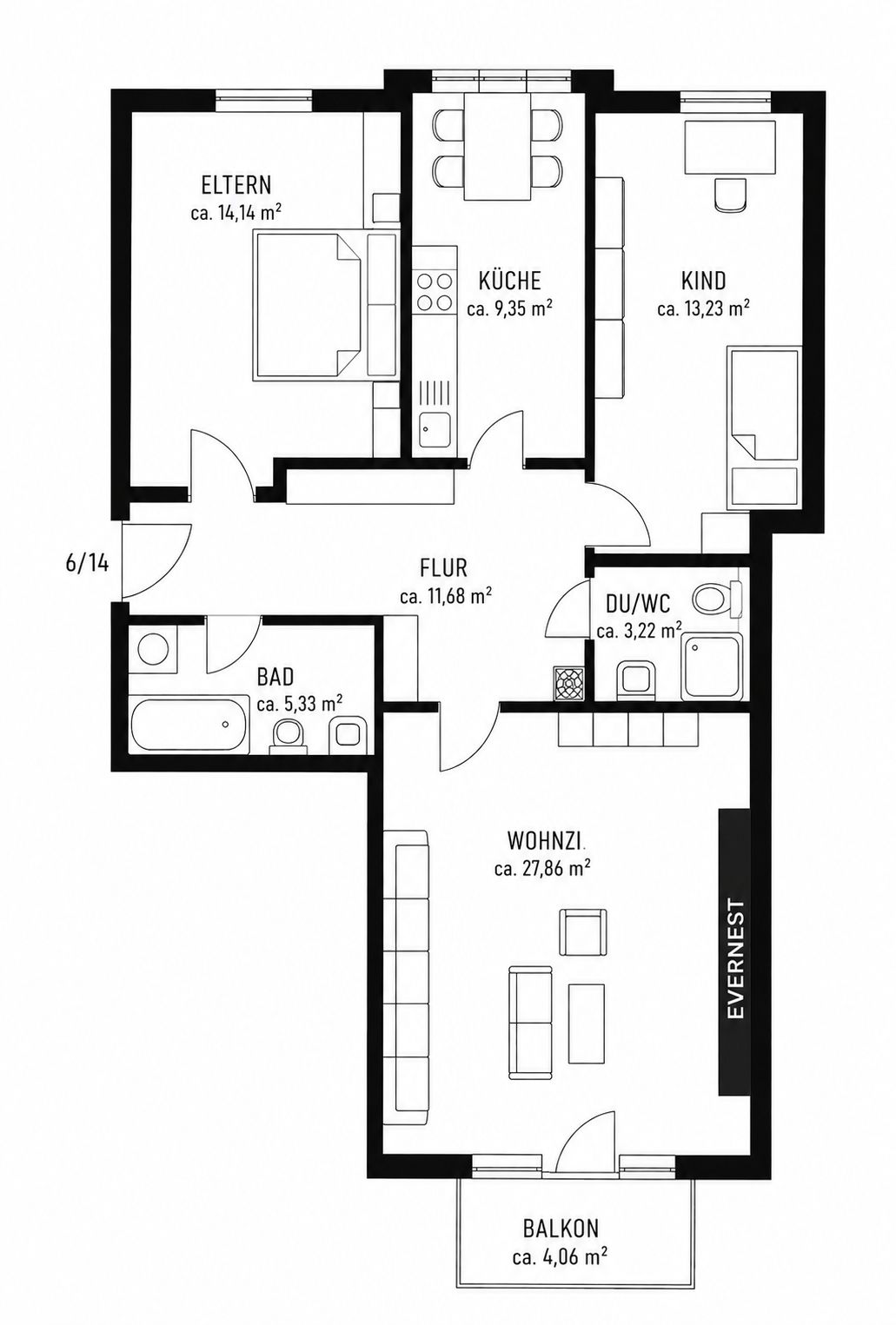 Grundriss einer Wohnung mit zwei Schlafzimmern, Küche, Bad, WC, Wohnzimmer und Balkon.