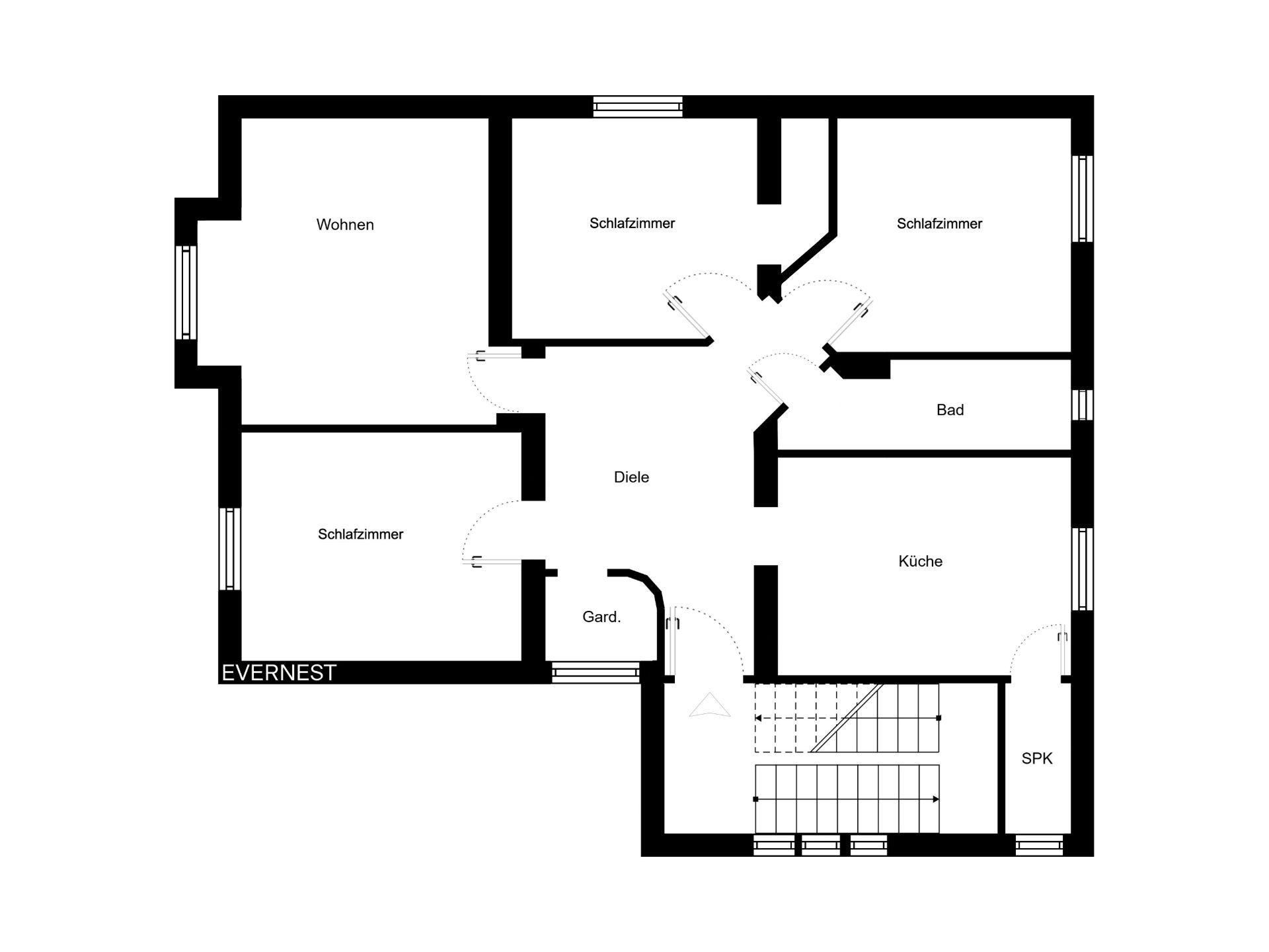 Grundriss mit Wohnzimmer, drei Schlafzimmern, Bad, Küche, Diele, Garderobe und Speisekammer.