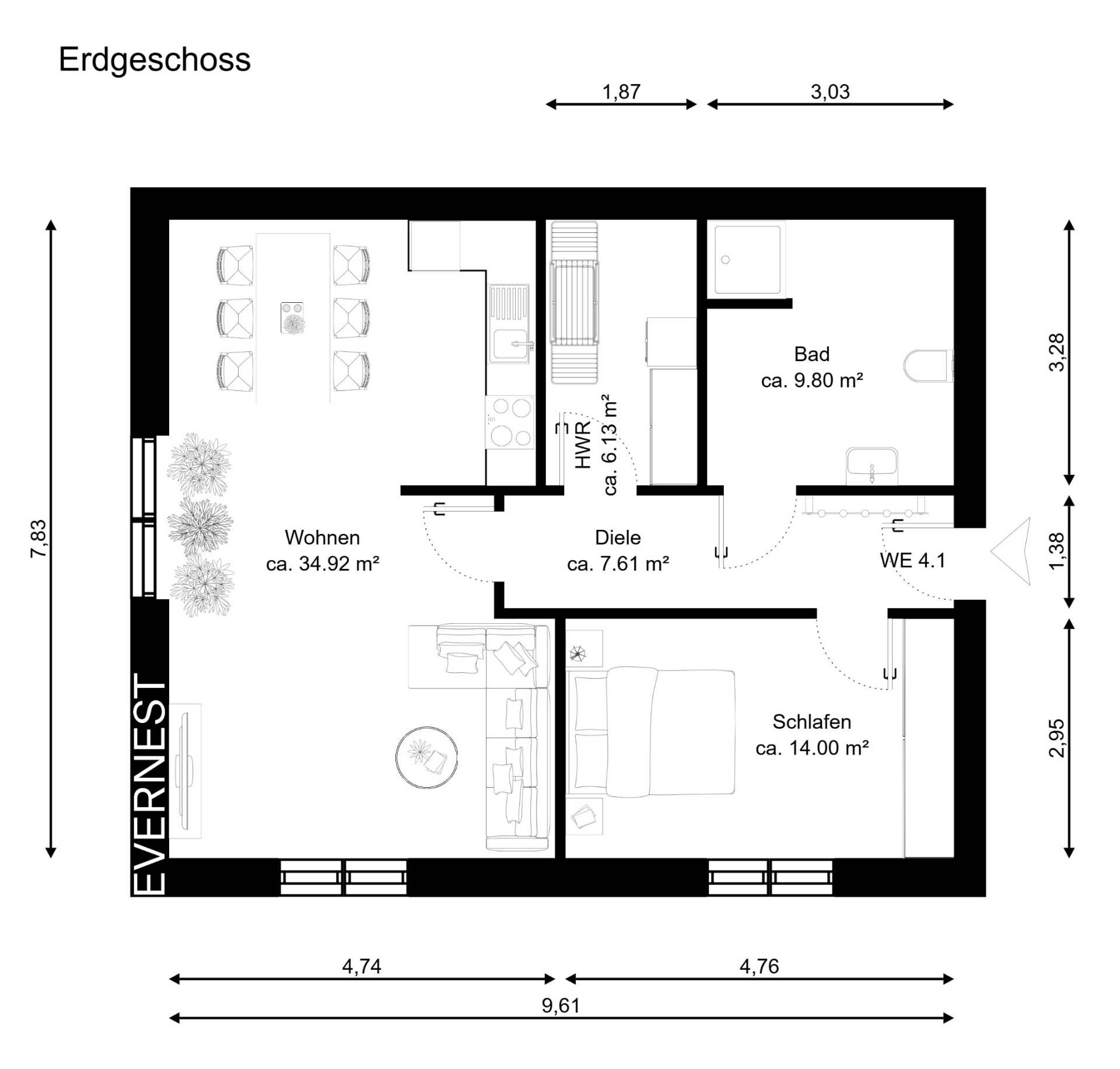 Grundriss einer Wohnung mit Wohn-, Schlaf-, Bad-, Flur- und Hauswirtschaftsraum.