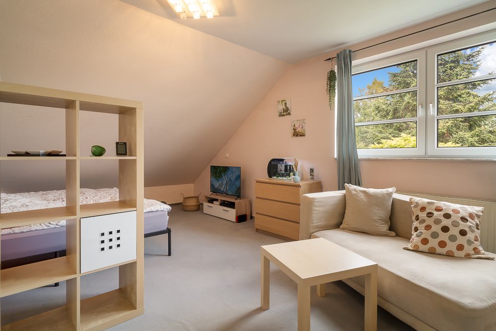 Helles Wohnzimmer mit Sofa, Couchtisch, Regal, Bett, Kommode, Fernseher und Fenster mit Vorhang.