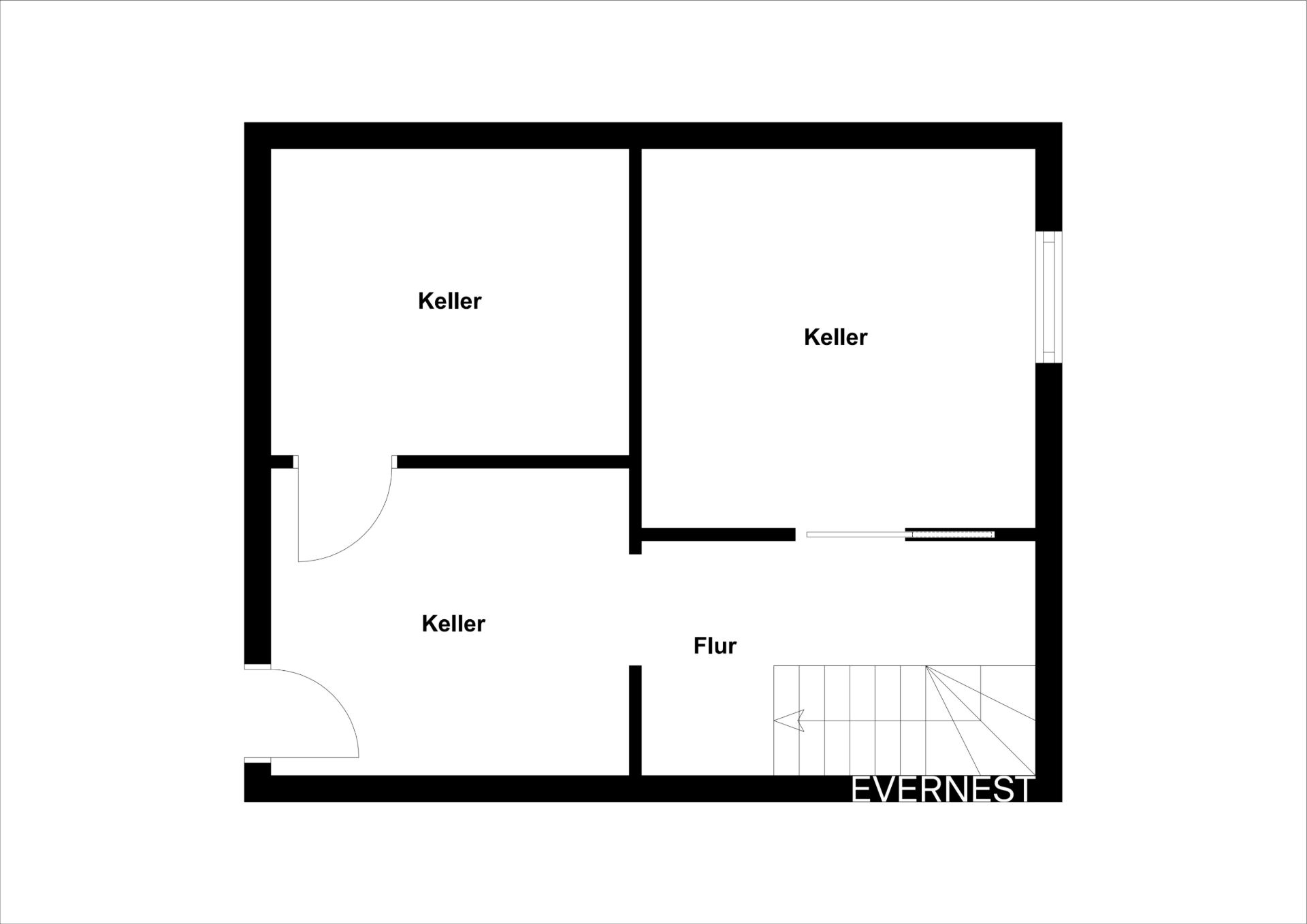Grundriss eines Kellers mit drei Kellerräumen und einem Flur, Treppe unten rechts.