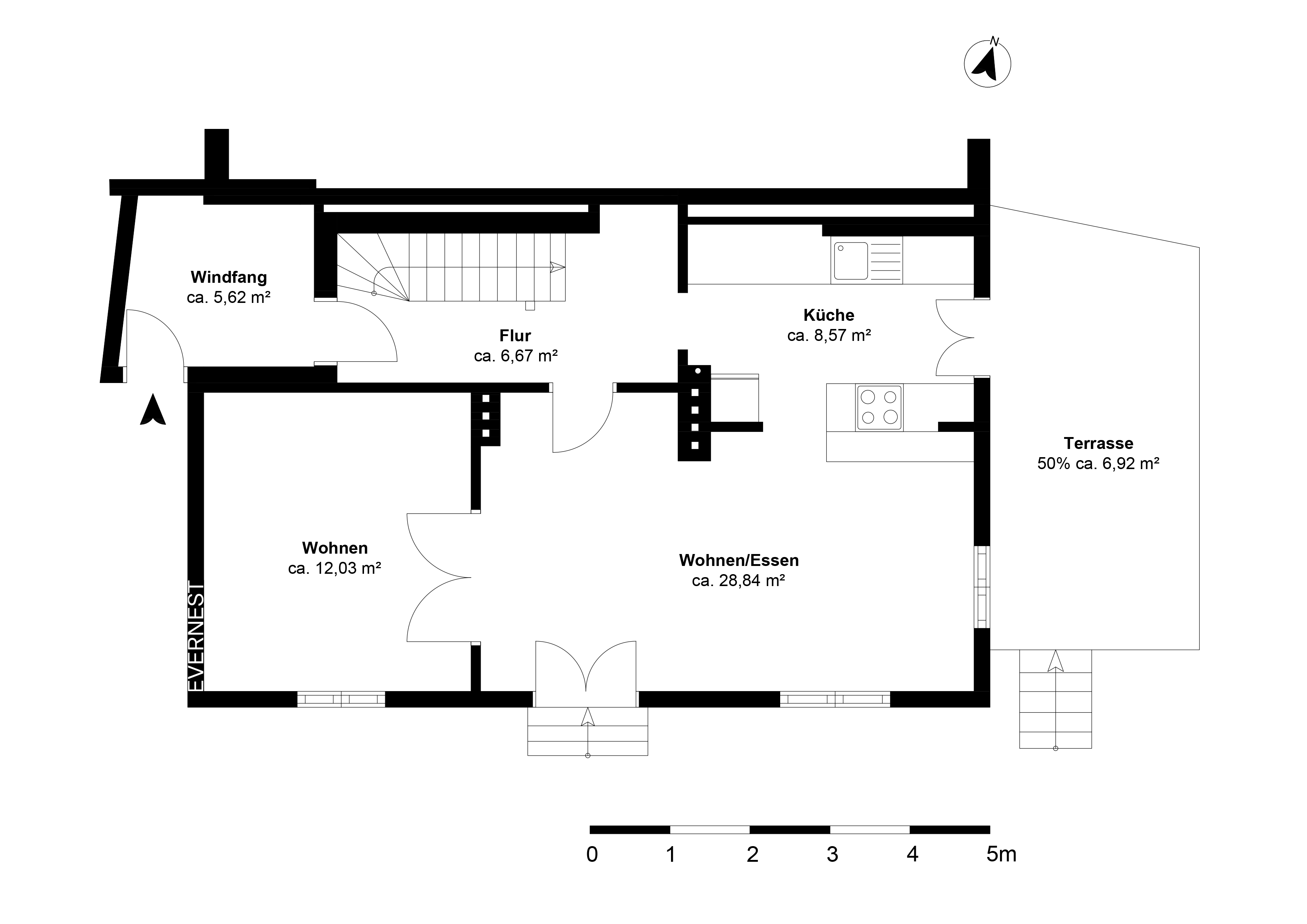 Grundriss eines Wohnhauses mit Küche, Wohnzimmer, Flur, Windfang und Terrasse.