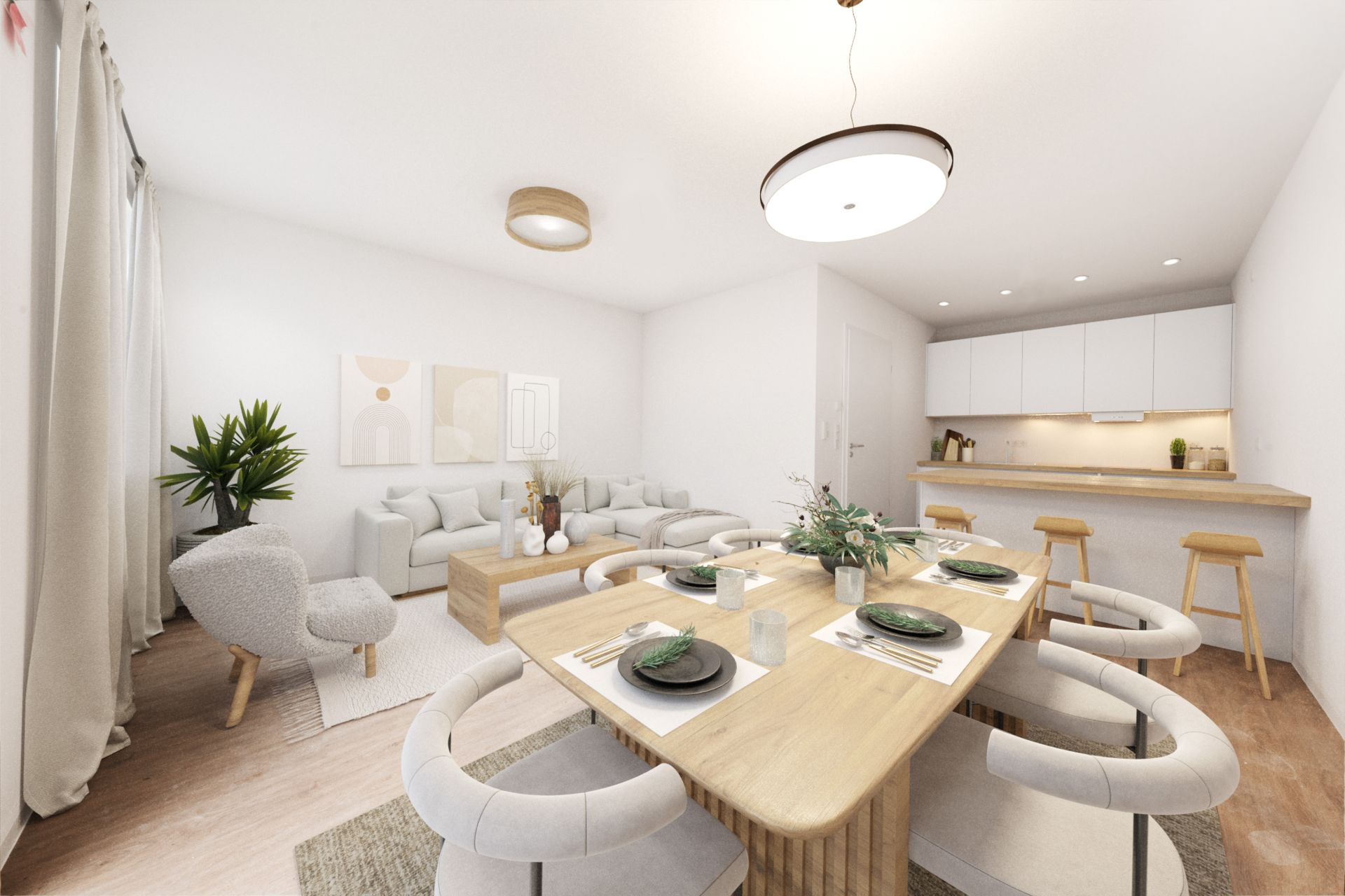 Helles Wohnzimmer mit Essbereich, Sofa, Esstisch und offener Küche mit Tresen und Hockern.