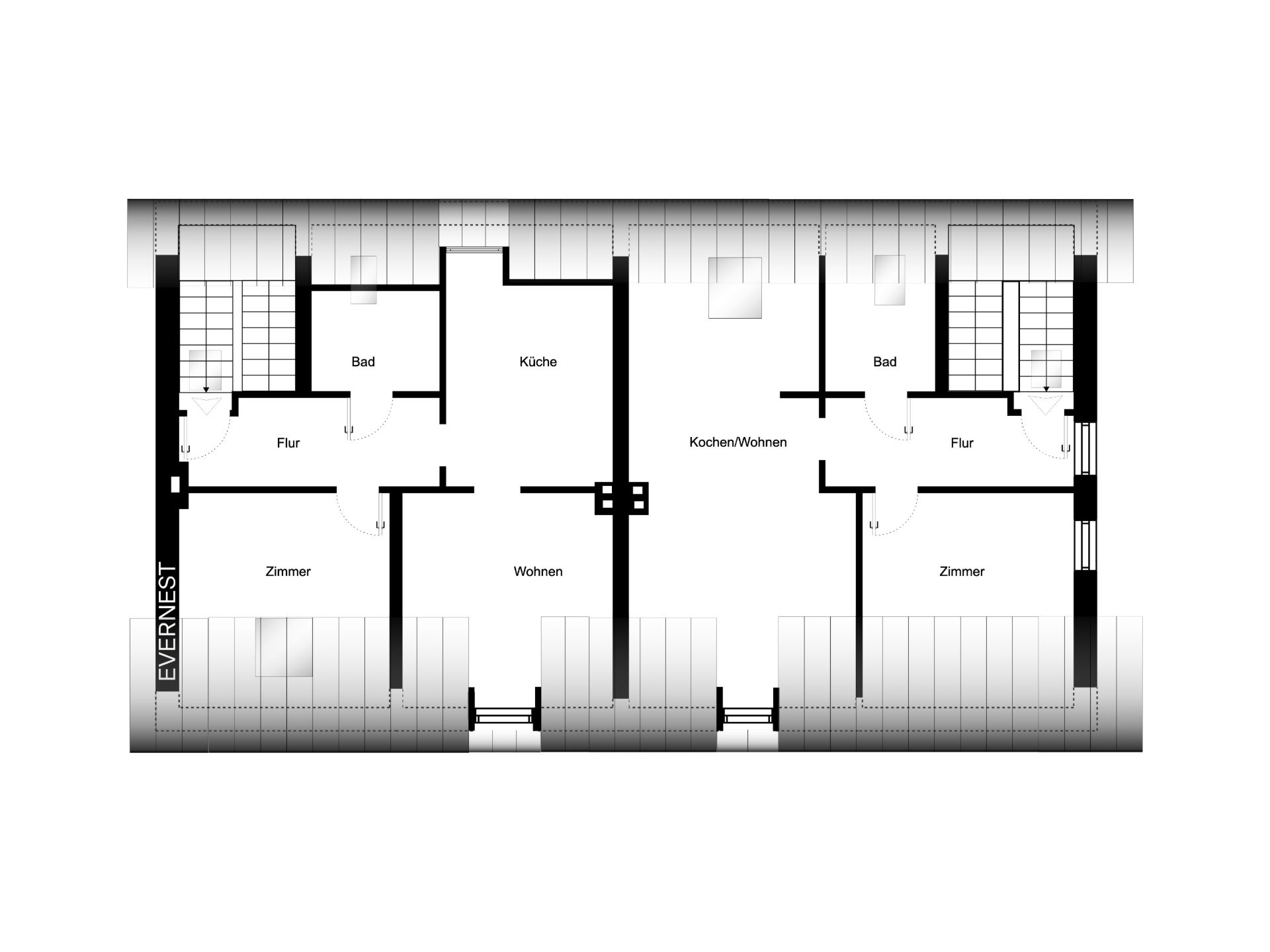 Grundriss einer Wohnung mit Küche, Bad, Zimmern und Wohnbereich.