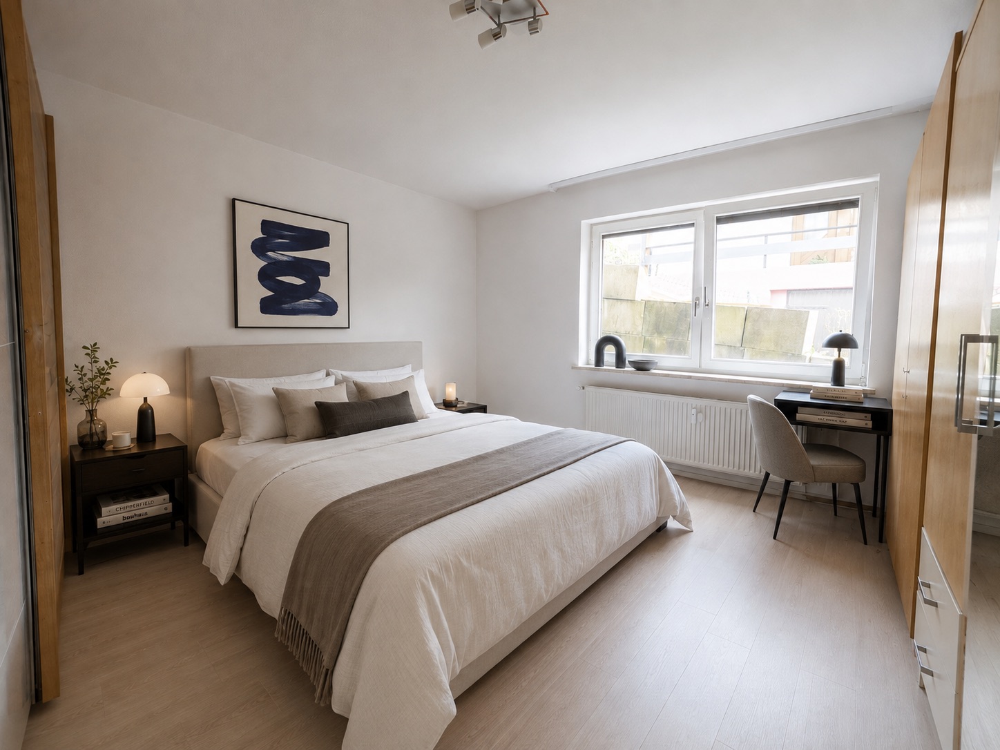 Modernes Schlafzimmer mit großem Bett, Schreibtisch am Fenster und Kunst an der Wand.