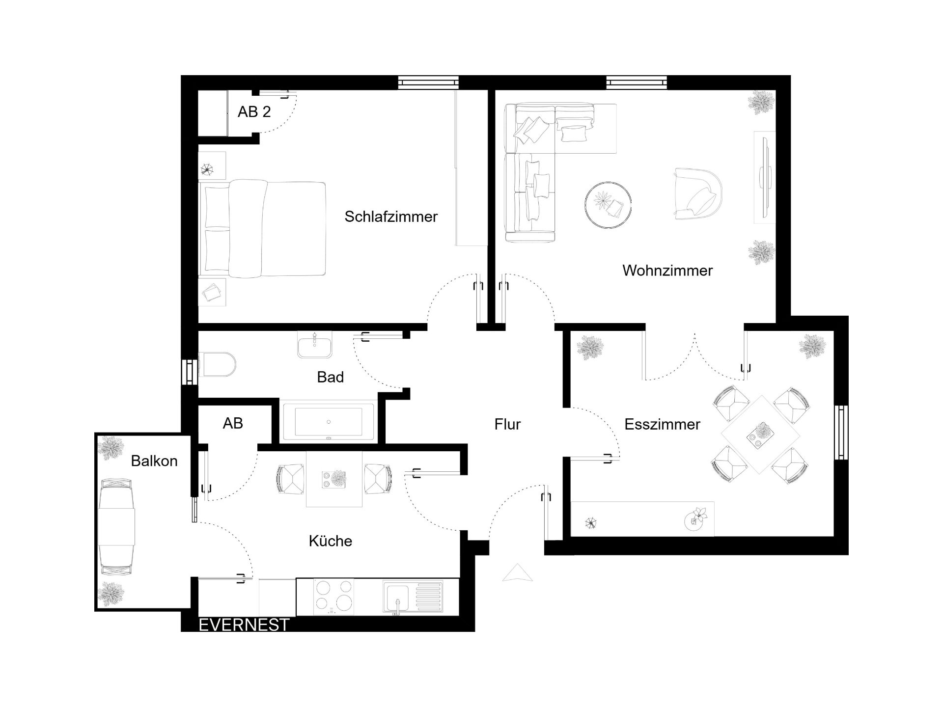 Grundriss einer Wohnung mit Schlafzimmer, Wohnzimmer, Esszimmer, Küche, Bad, Flur und Balkon.