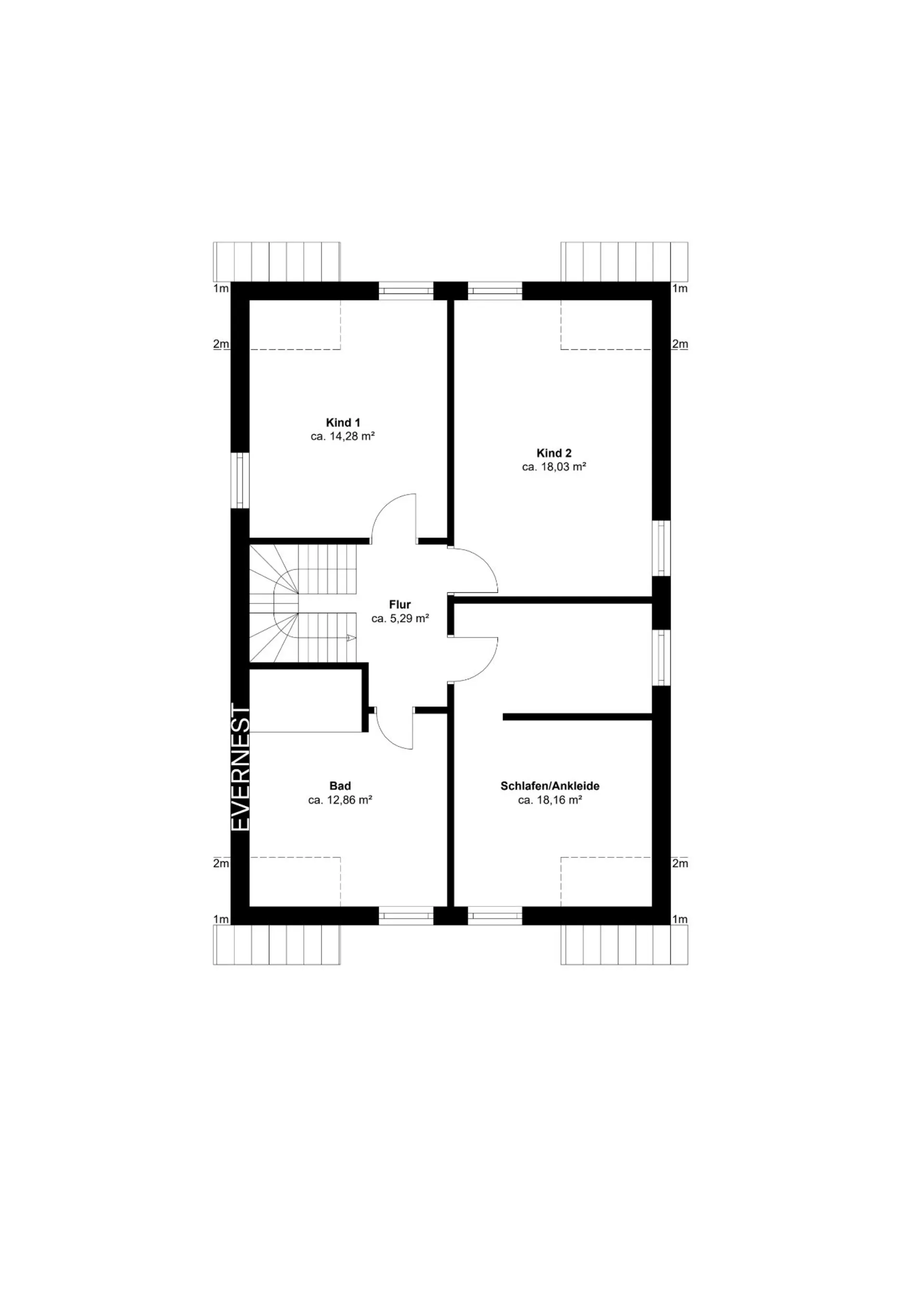 Grundriss mit zwei Kinderzimmern, Schlafzimmer mit Ankleide, Bad und Flur.