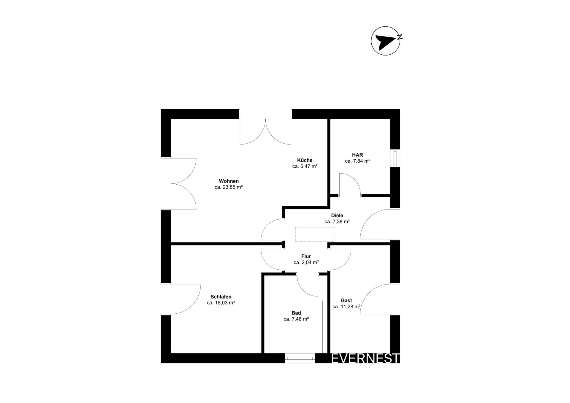 Grundriss einer Wohnung mit Wohnzimmer, Küche, Schlafzimmer, Bad und weiteren Räumen.