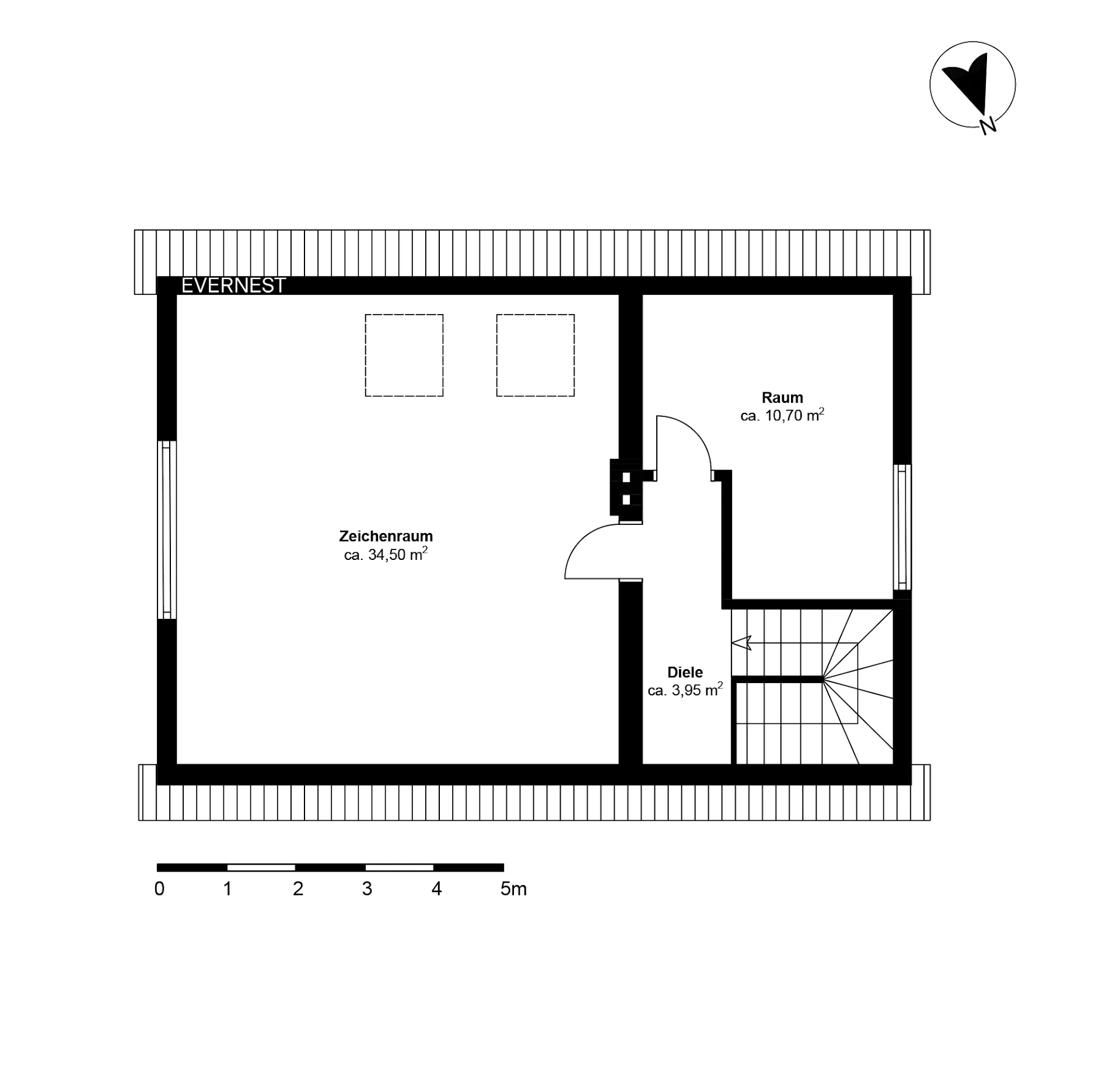 Grundriss mit einem großen Raum, einem kleineren Raum, Diele und Treppe.